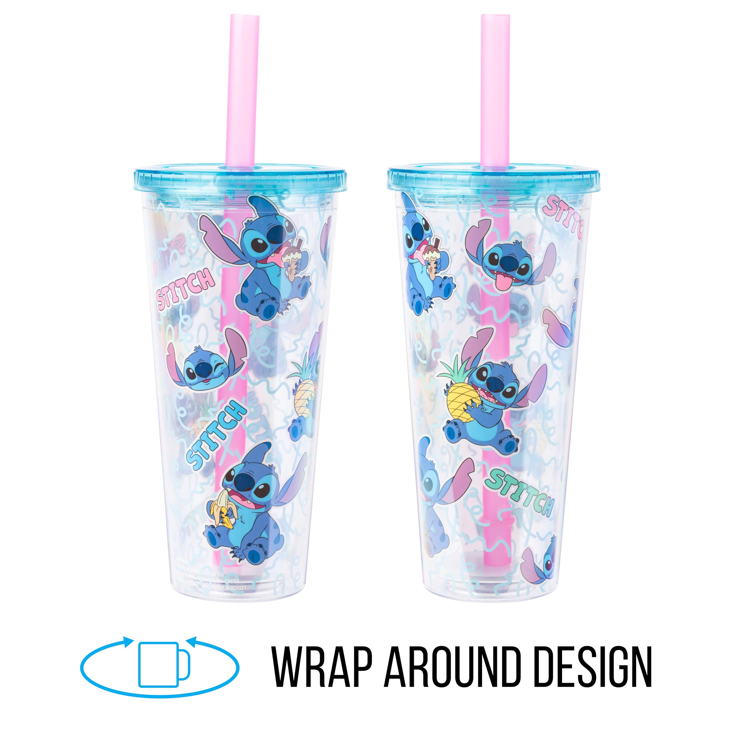 Silver Buffalo Disney Lilo And Stitch Snacking Pattern Plastic Boba Tumbler With Lid And Straw, 24 Ounces