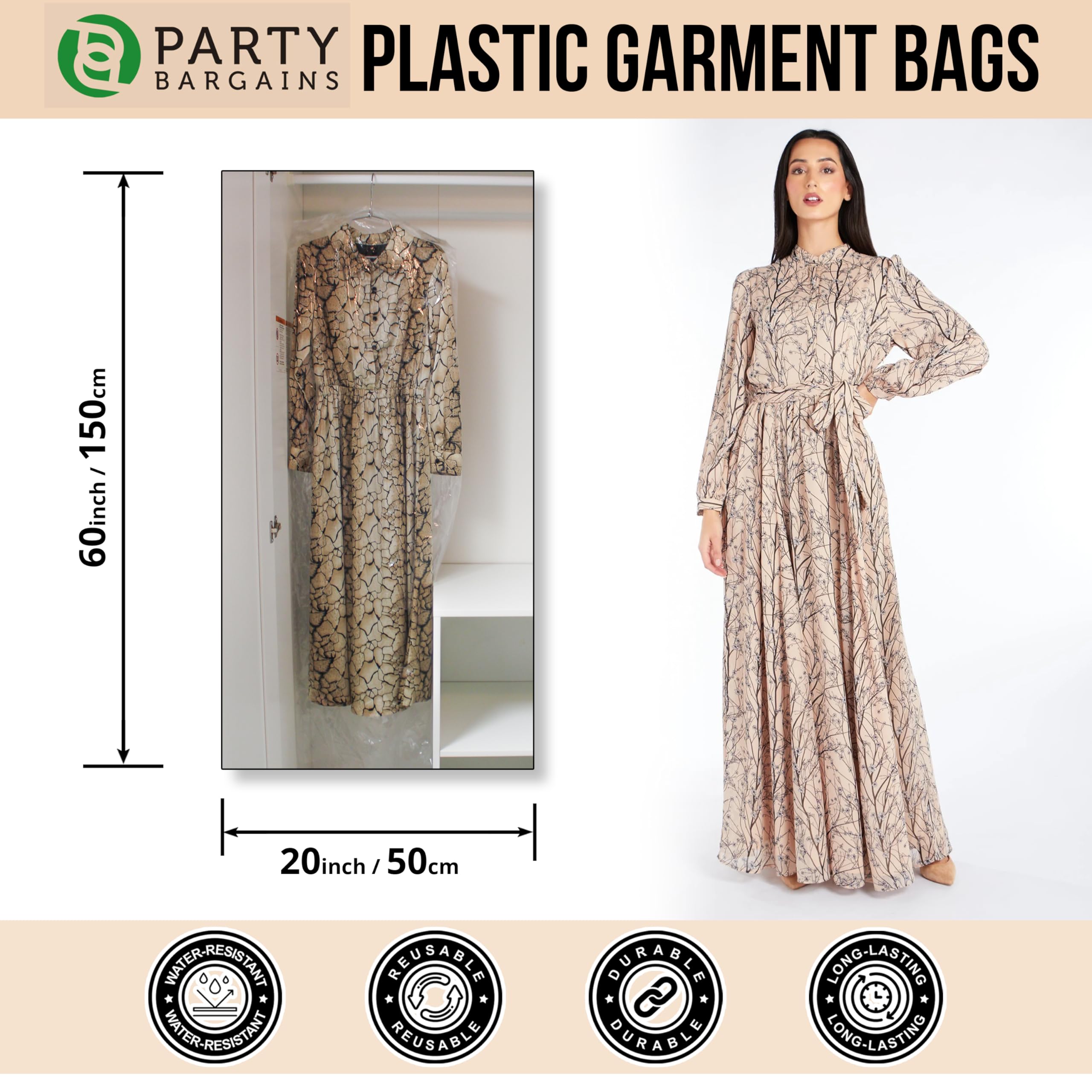 Party Bargains 60X20 Inch Clear Plastic Garment Bags, 50 Pack