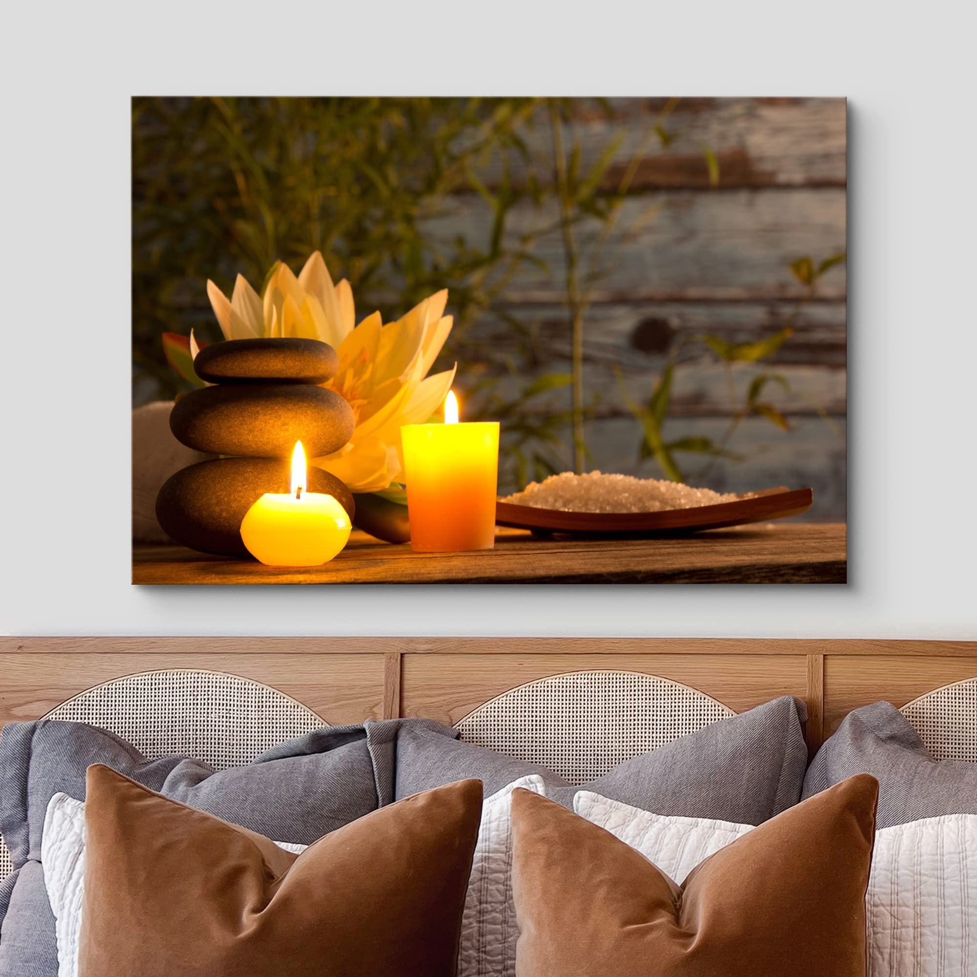 Wall26 Canvas Print Wall Art Wood Panel Meditation Spax Candle Massage Stones Nature Wilderness Photography Realism Rustic Lands