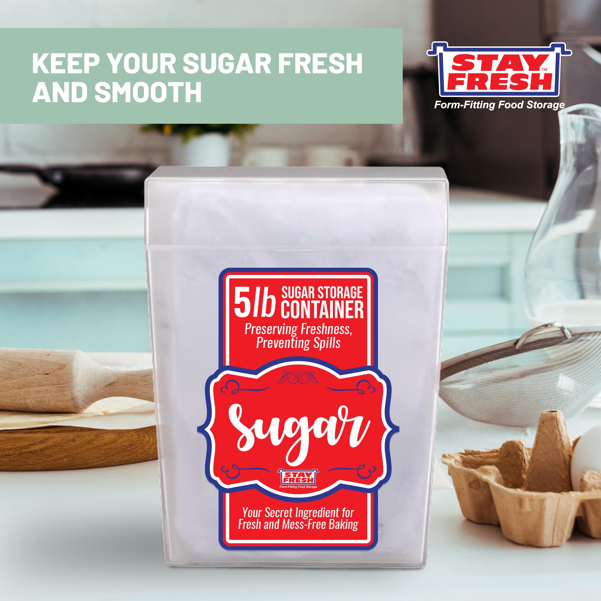 Stay Fresh Sugar Storage Container - Kitchen Discovery - Snap Close Sugar Canister Keeps Granules Fresh, Pourable And Spillproof