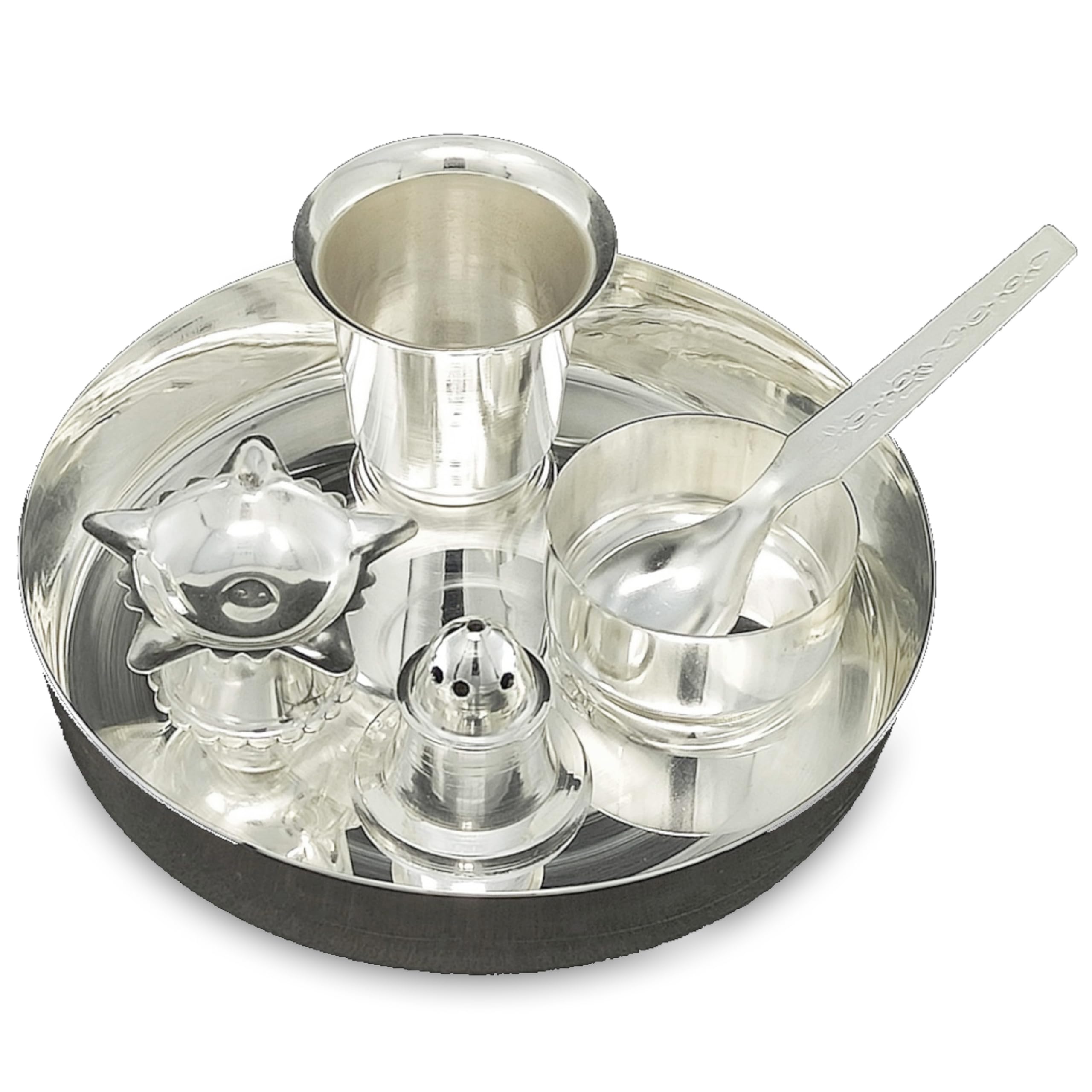 BENGALEN Silver Plated Pooja Thali Set 5 Inch Plate Diya Glass Agarbatti Stand Bowl Spoon Occasional Puja Decorative for Home Ma