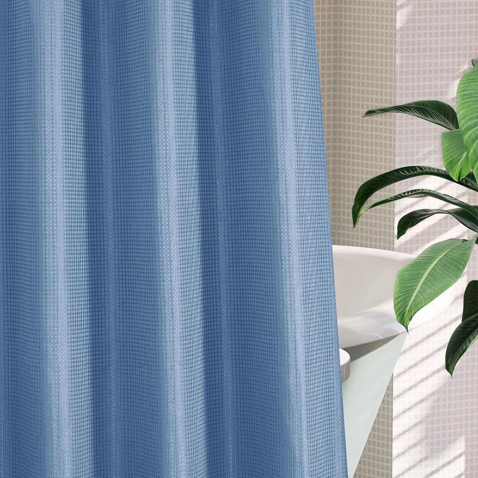 Mitovilla Blue Long Shower Curtain 72 X 80, No Hooks Needed 80 Inch Long Heavyweight Waffle Fabric Shower Curtain Set With Snap-