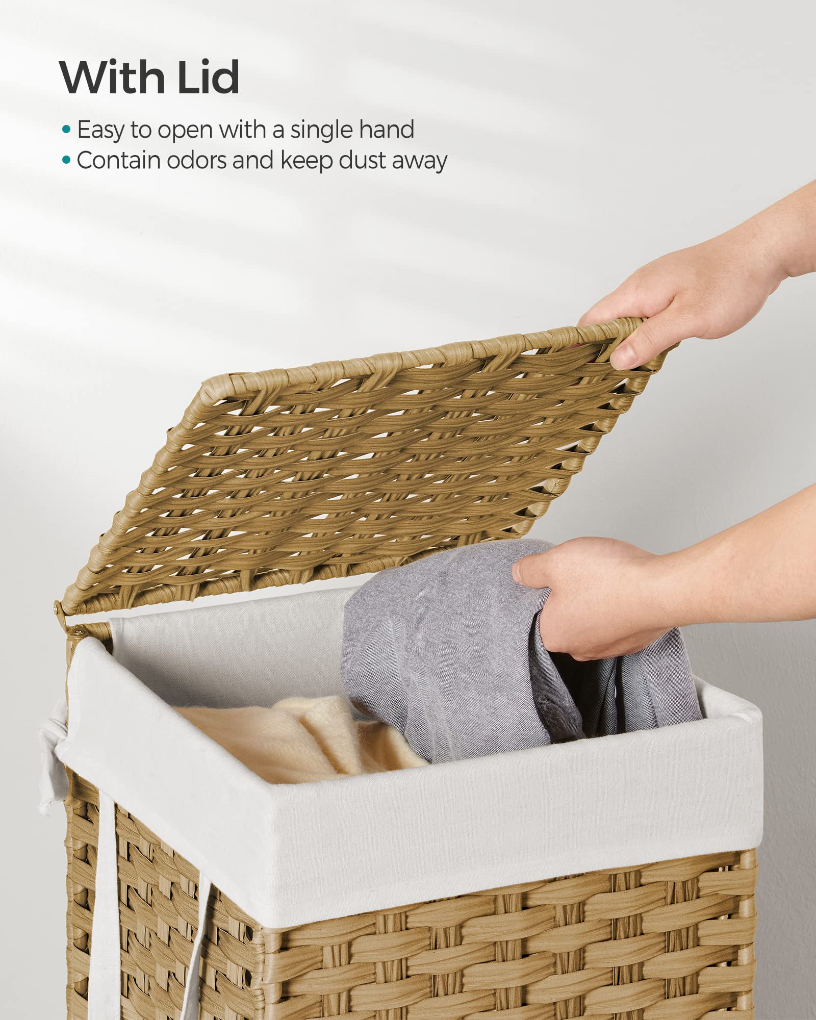 Songmics Laundry Hamper With Lid, 17.2 Gallon (65 L) Synthetic Rattan Clothes Laundry Basket With Lid And Handles, Foldable, Rem