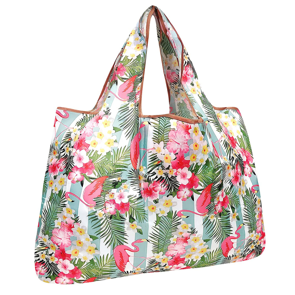 Allydrew Large Foldable Tote Nylon Reusable Grocery Bag, Flamingos & Tropical Flowers