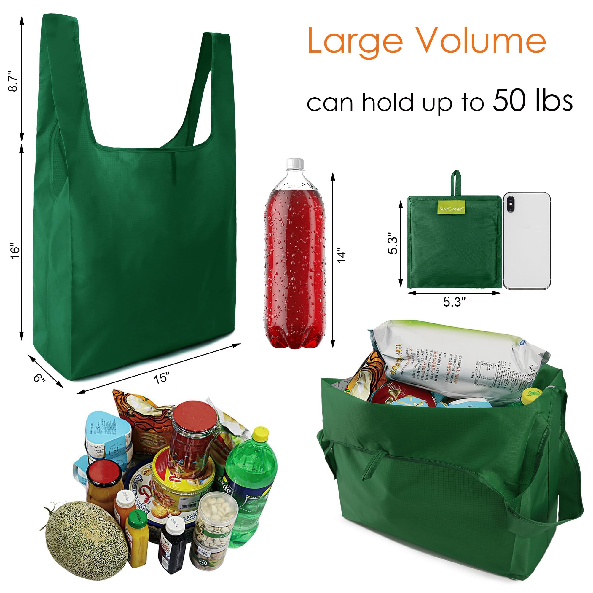 BeeGreen Christmas Green Reusable Grocery Bags Dark Green Reusable Kitchen Bags Bulk Foldable-Machine Washable with Zipper Stora