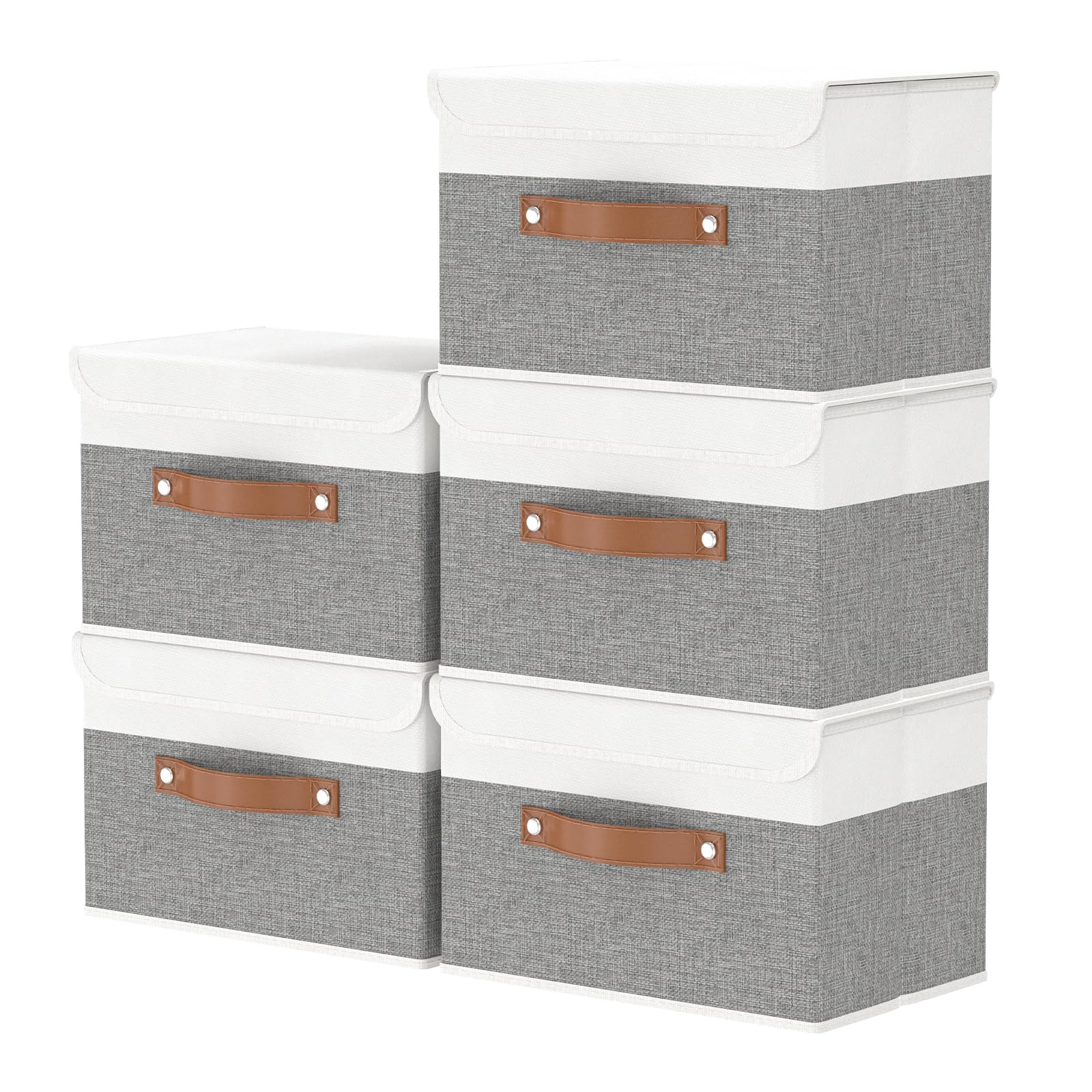 OUTBROS Foldable Storage Boxes with Lids Large Linen Fabric Foldable Storage Boxes Organizer Closet Organizers for Clothes Storage  Office Storage 15 x 9.8 x 9.8 inch White/Grey 5-Pack