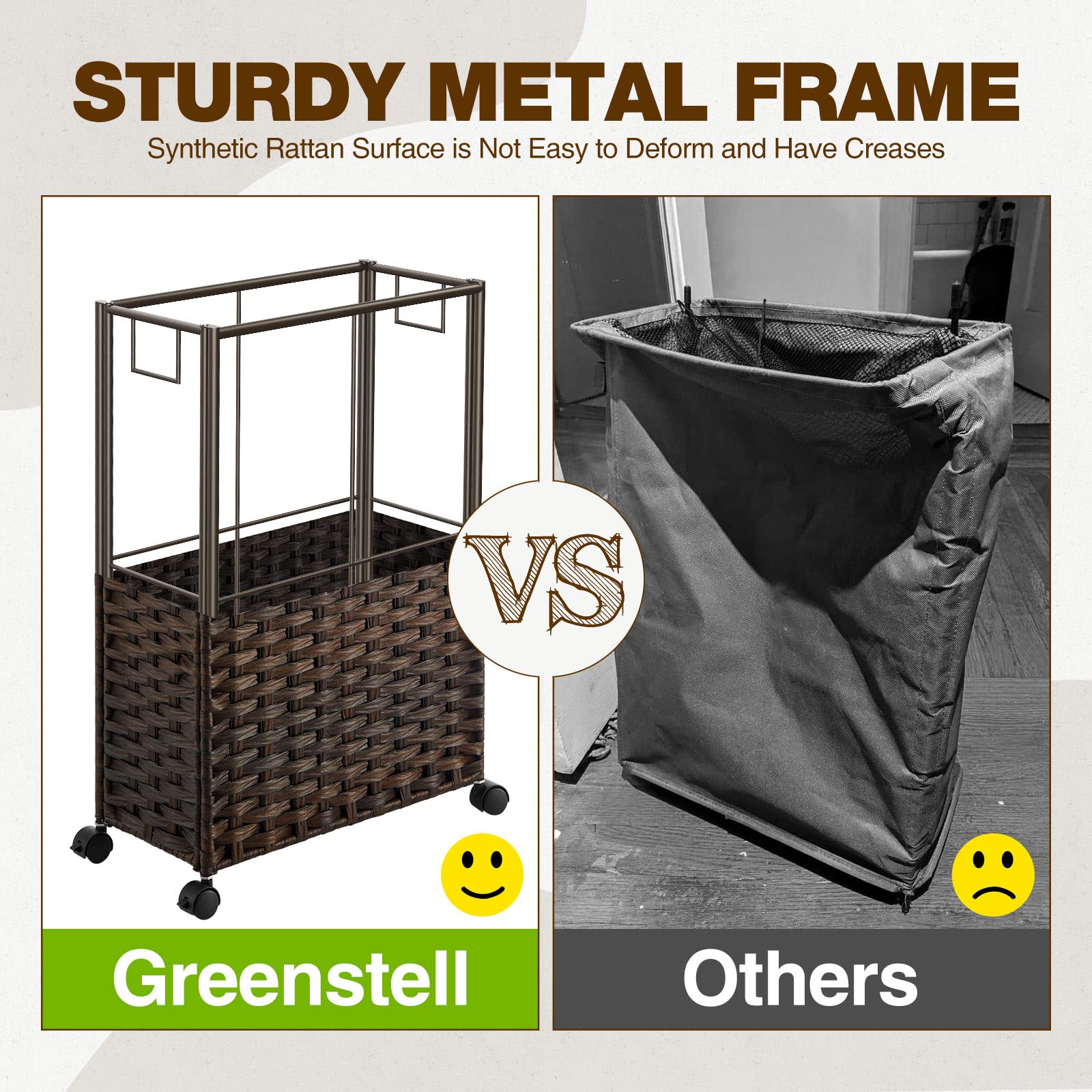 Greenstell Laundry Hamper With Wheels, 45L Slim Laundry Basket With 2 Removable Liner Bags & 2 Mesh Bags, Narrow Dirty Clothes B