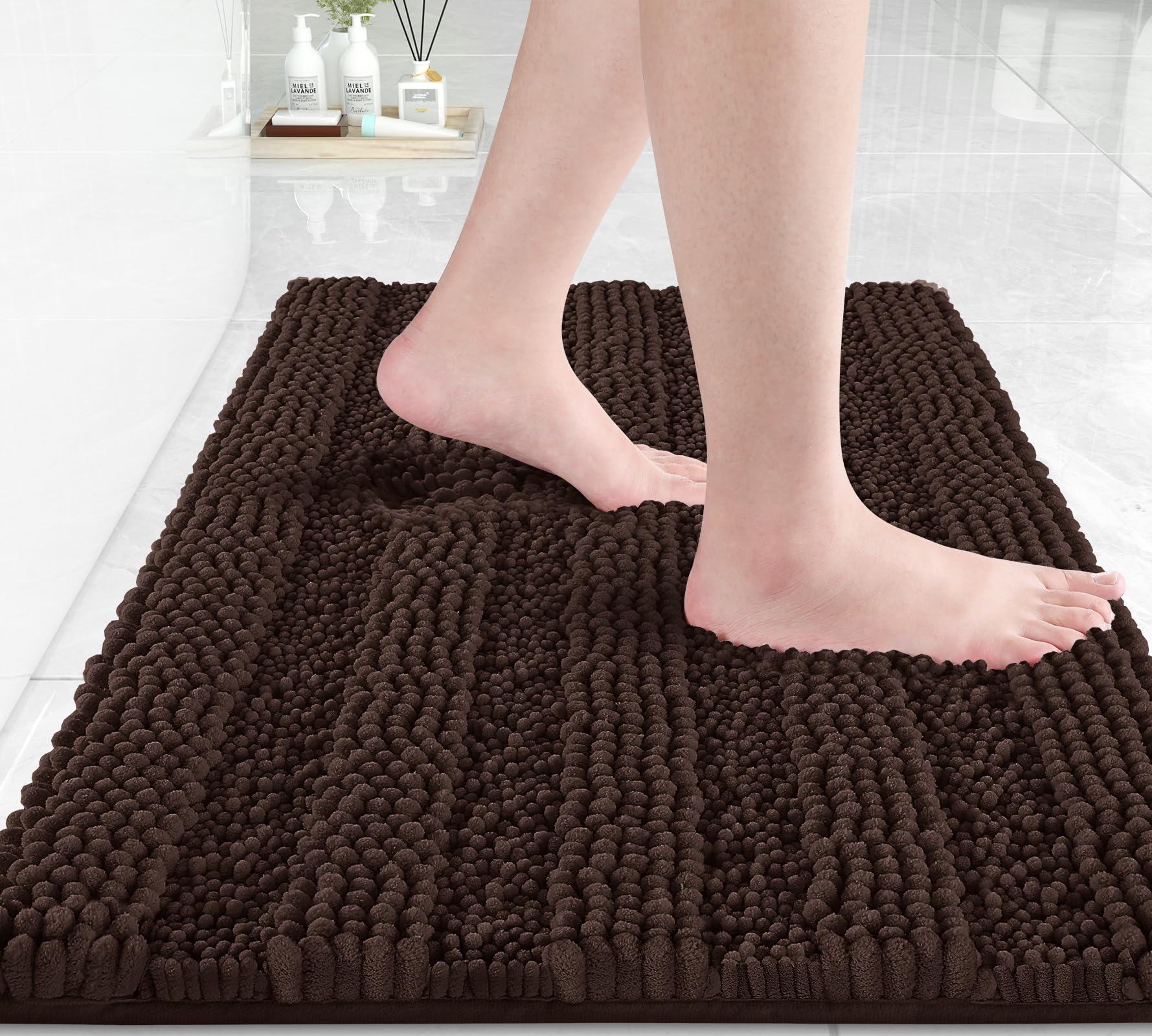 Yimobra Brown Bathroom Rug Mat, Non Slip Quick Dry Bath Mats, Extra Thick And Super Absorbent Bath Rugs, Luxury Microfiber Cheni