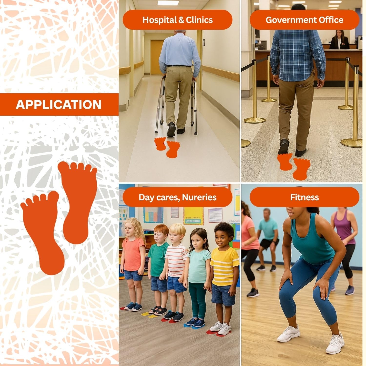 LiteMark 7 Inch Removable Orange Barefoot Footprint Stickers - Waterproof Gloss Finish Vinyl Decals Pack of 12 (6 Pairs)