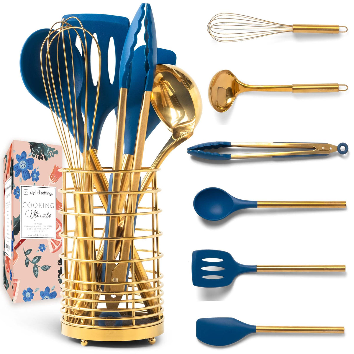Gold And Navy Blue Kitchen Utensils - 7 Piece Navy Blue Utensils Set Includes Gold Utensil Holder And Gold Kitchen Utensils - Na