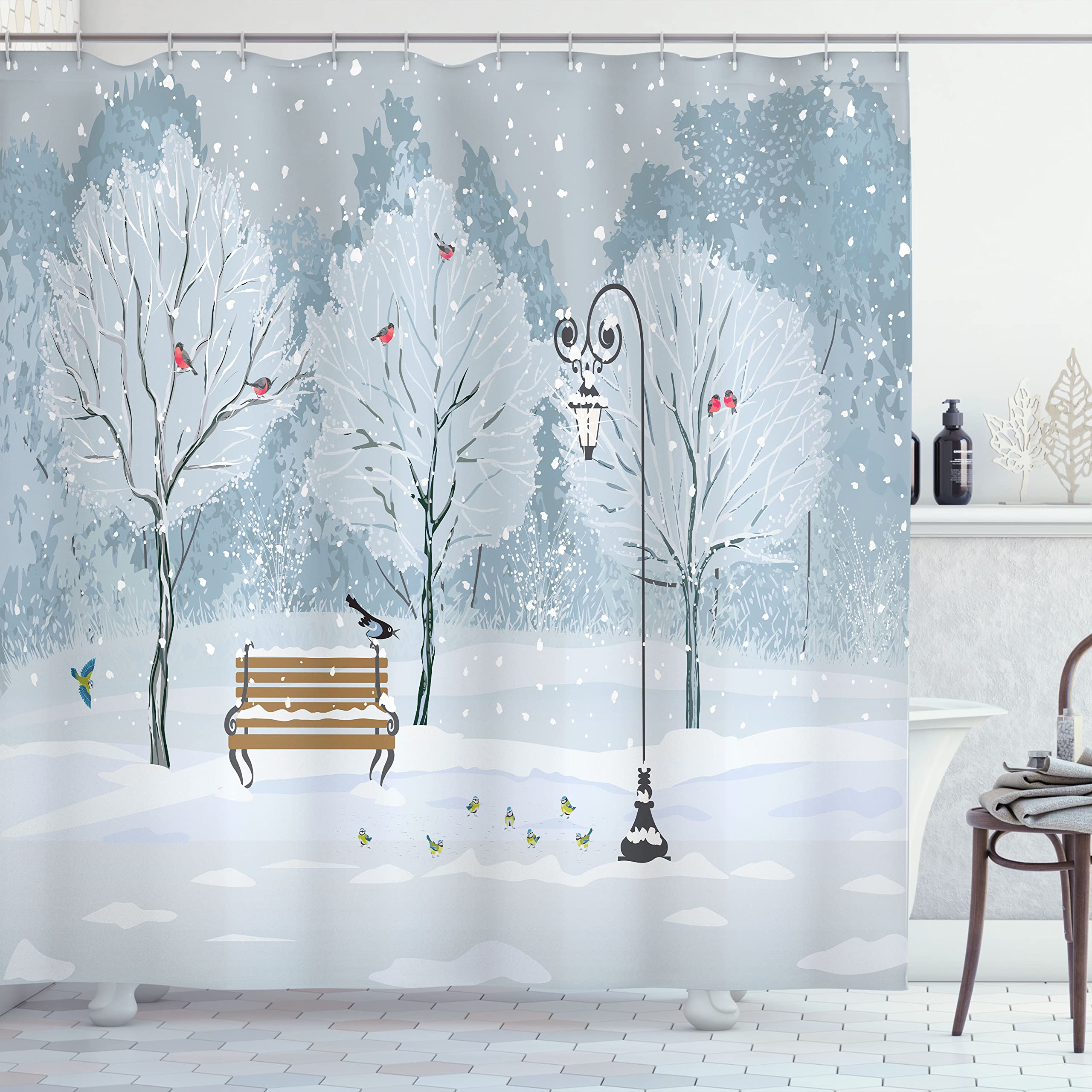 Ambesonne Christmas Shower Curtain, Snow Falling In The Park On A Cold Winter Day Birds Xmas Season Theme Picture, Cloth Fabric