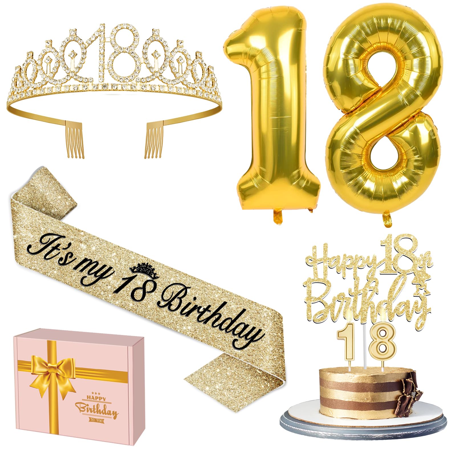 18Th Birthday Decorations For Girls Gold Set With 18Th Birthday Tiara And Sash Gold, 18 Birthday Cake Topper And Number 18 Candl