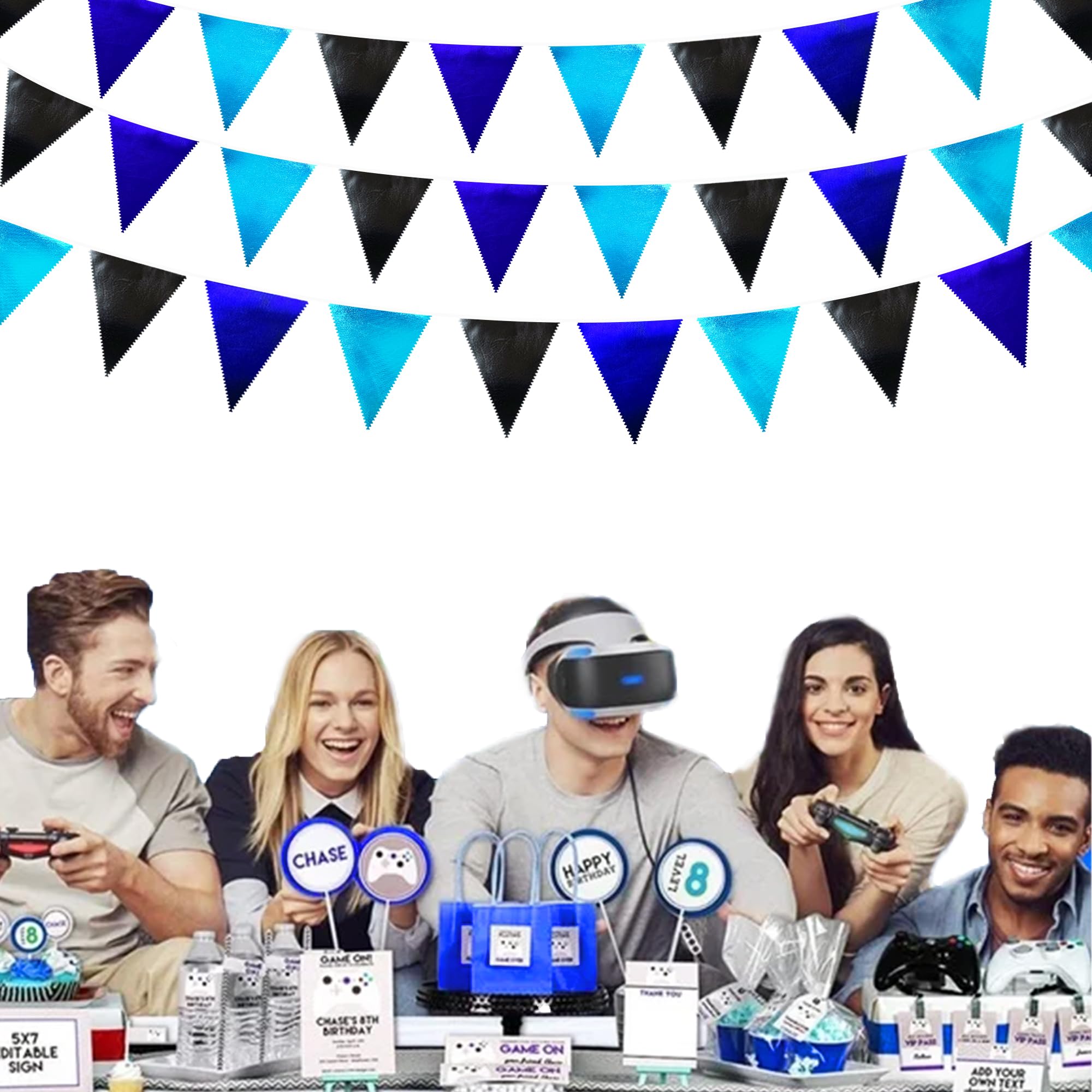 Black Blue Party Decorations Metallic Fabric Triangle Pennant Banner Flag Bunting Garland For Video Game Nautical Birthday Gradu