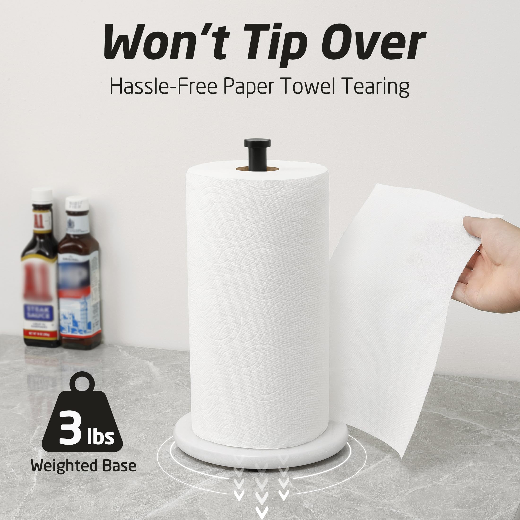 Kes Paper Towel Holder Kitchen Standing Paper Towel Roll Holders With Marble Base For Standard Or Jumbo-Sized Rolls Matte Black,