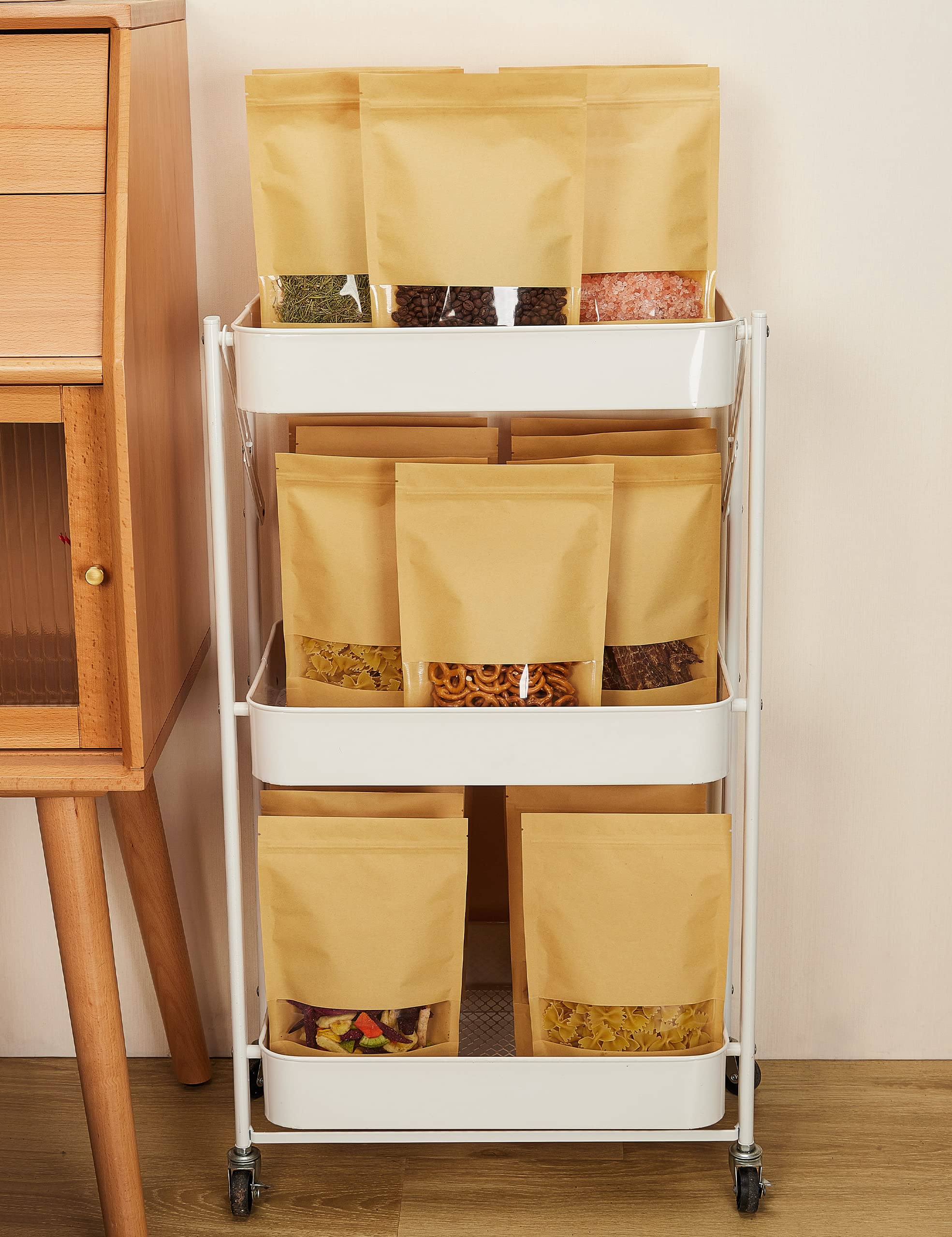 FireKylin 100 Pcs Kraft Paper Bags with Window  6.7'' x 9.4'' Stand Up Pouches Bags  Zip Lock Food Storage Bags for Packaging Products  Reusable  Sealable