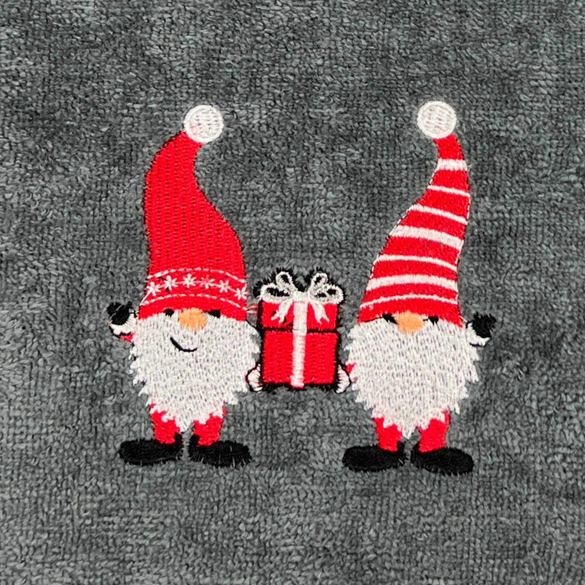 Christmas Gnomes Towel Set: Grey Hand Towels with Red White Embroidery Jolly Nordic Gnome