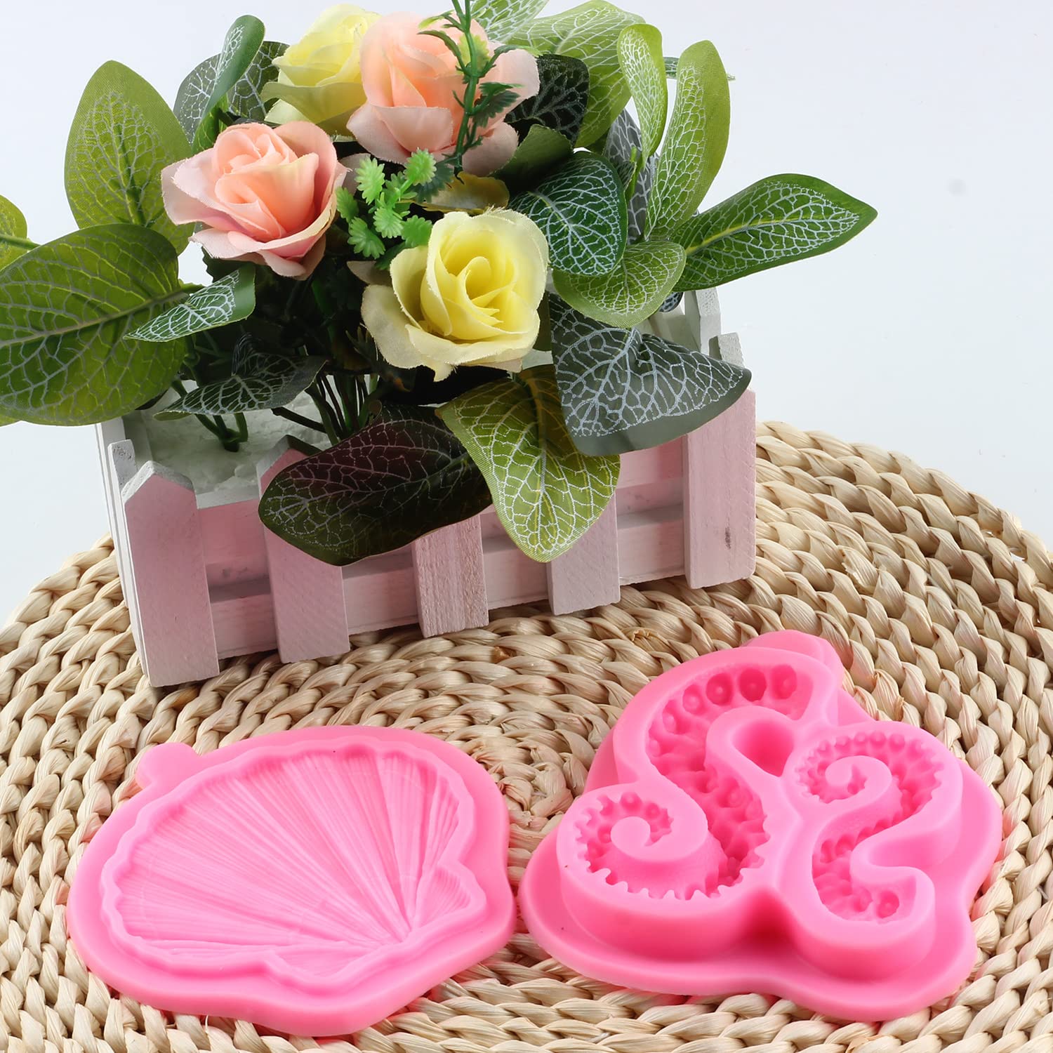 Mujiang 3D Tentacles Octopus Silicone Mold Clam Shell Fondant Molds For Cake Decorating Chocolate Candy Clay Set Of 2