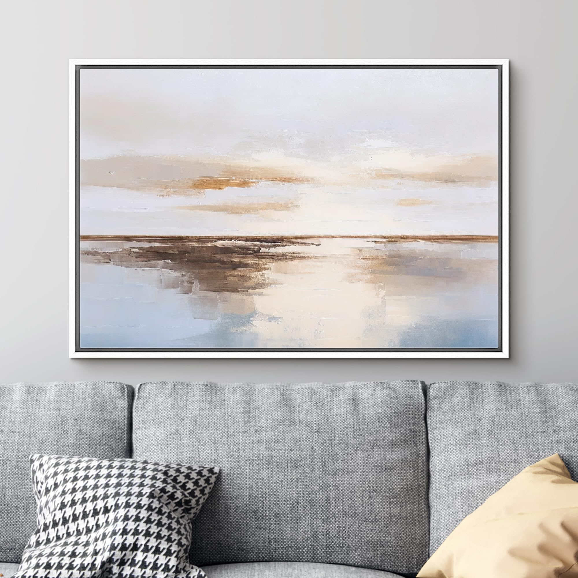 Signford Framed Canvas Print Wall Art Sunset Reflection Coastal Ocean Nature Wilderness Illustration Minimalism Decorative Color