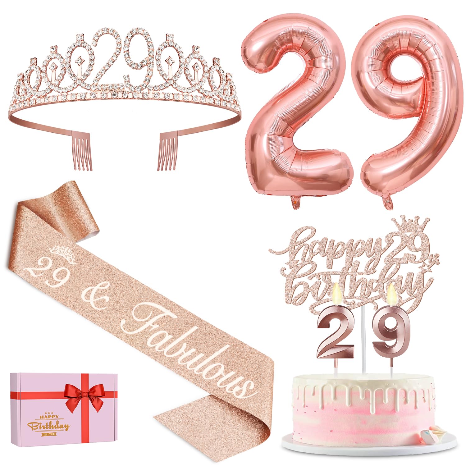 29Th Birthday Decorations For Women Including Birthday Sash, 29Th Tiara For Women, Candles And Cake Toppers, Number 29 Balloons,