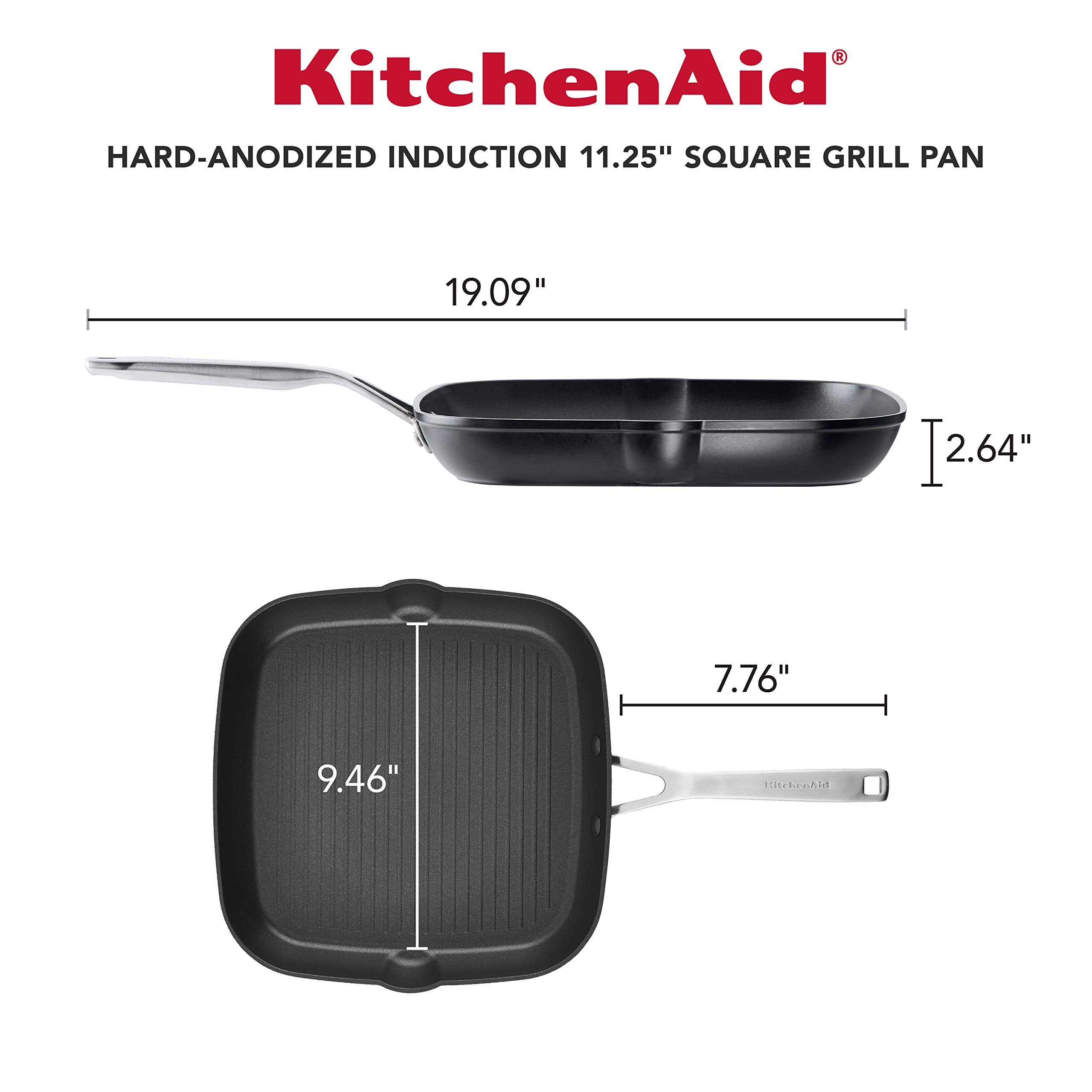KitchenAid Hard Anodized Nonstick Grill Pan, 11.25 Inch, Matte Black, Model 80126, Induction Compatible