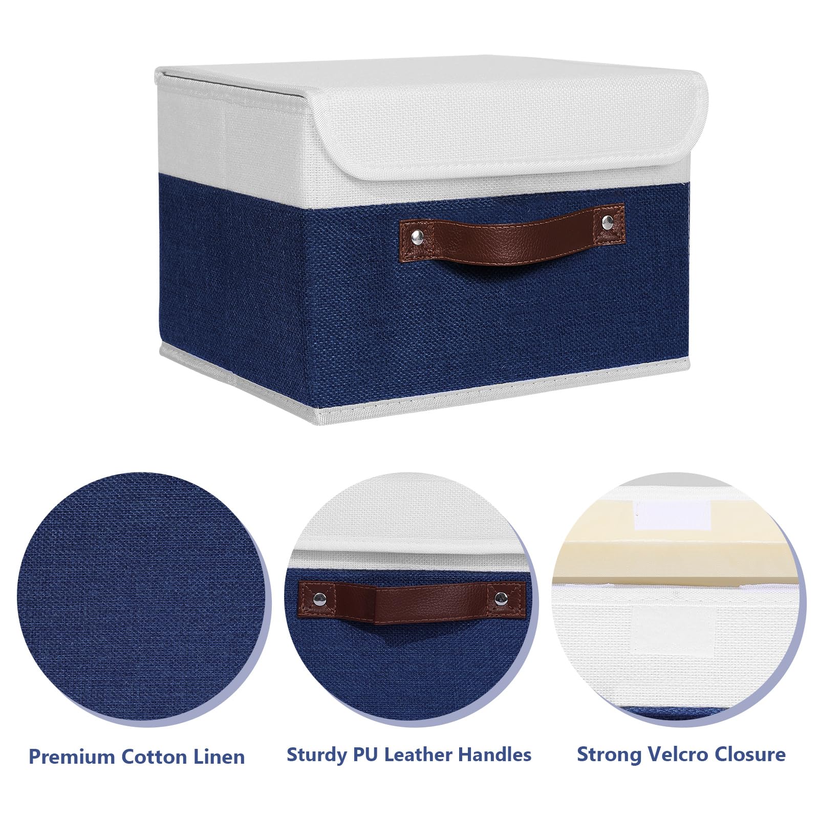 Anminy Storage Boxes With Lids Washable Decorative Storage Bins Basket With Pu Leather Handle Foldable Linen Fabric Storage Cube