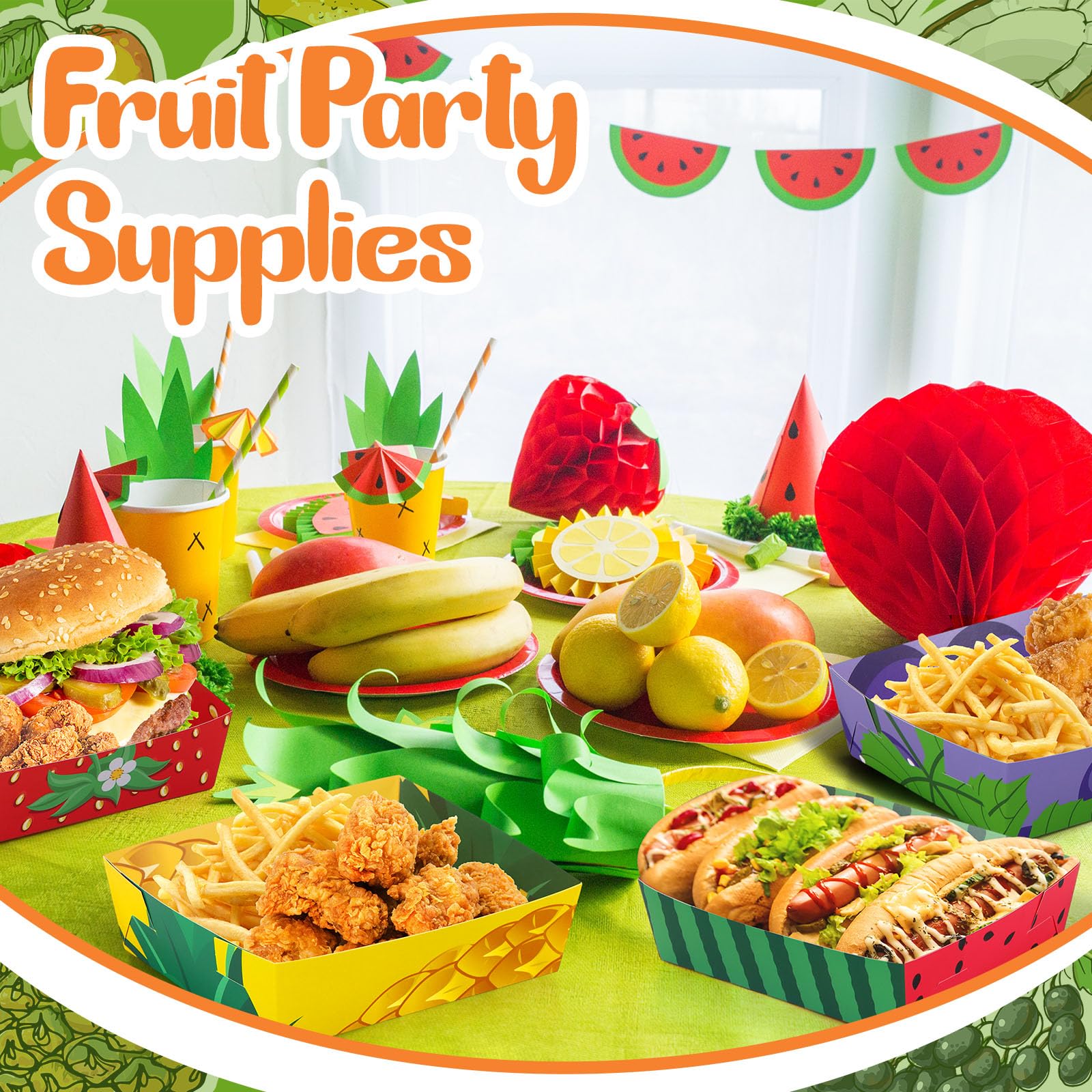 48 Pack Fruit Paper Trays Summer Fruit Print 5 Lb Disposable Serving Trays For Burger Fries, Hot Dog Taco Bbq Popcorn For Themed