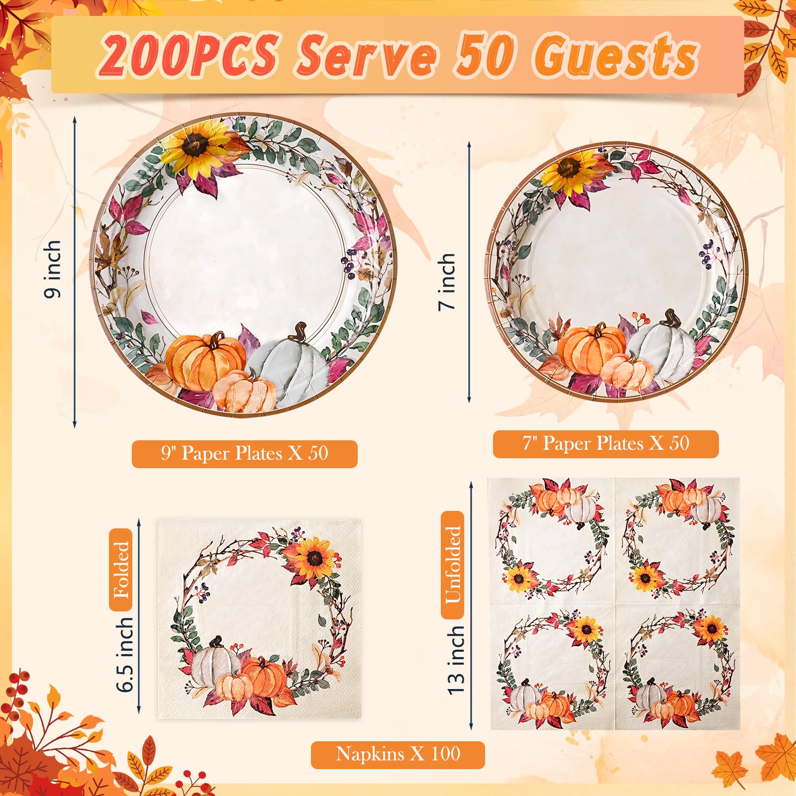 Homlouue 200 Pcs Fall Paper Plates and Napkins, Thanksgiving Plates and Napkins Sets, Fall Pumpkins Wreath Plate Disposable Part