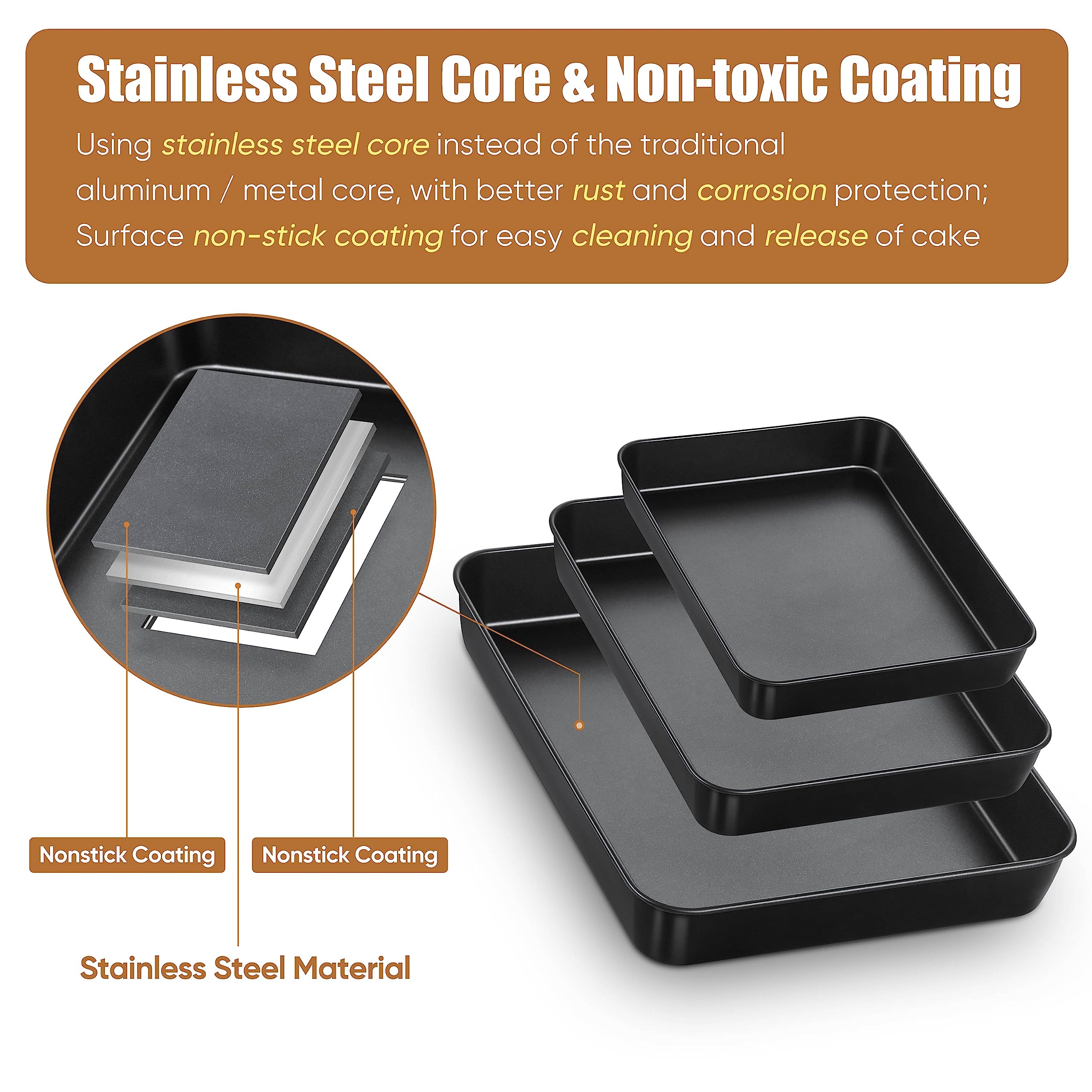 E-Far Nonstick Baking Pans Set Of 3, Rectangle Stainless Steel Sheet Cake Pan For Toaster Oven, 12.5/10.5/9.4 Inch, Black Bakewa