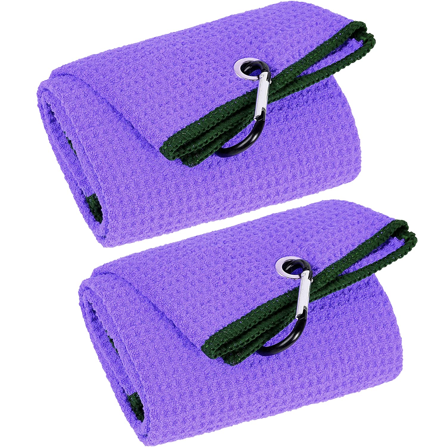 Vividly 2 Pack Tri-Fold Golf Towels, Premium Microfiber Fabric Waffle Pattern With Black Heavy Duty Carabiner Clip, Purple Golf