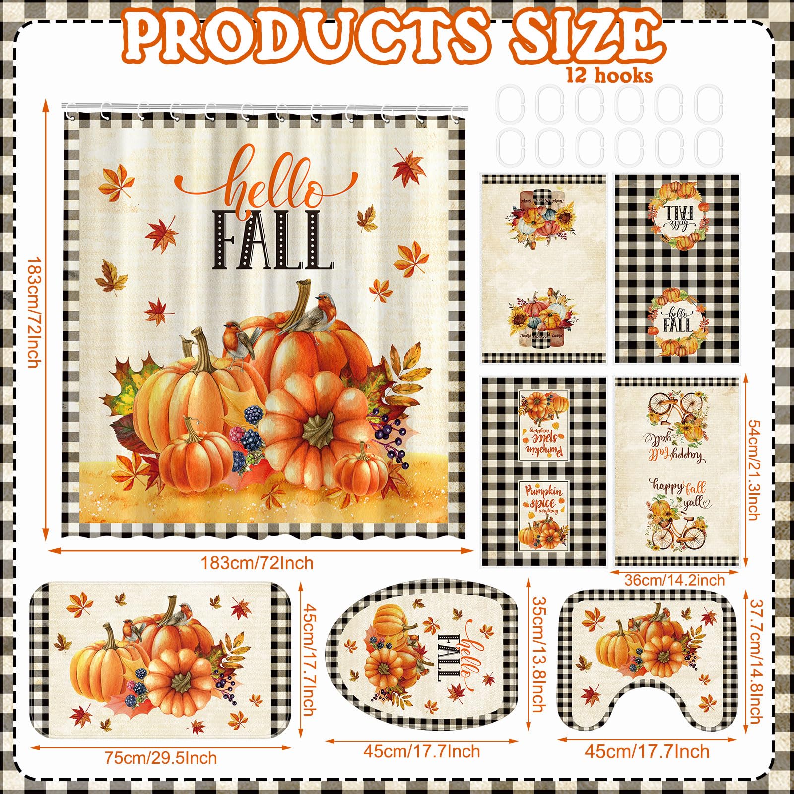 FuWeave 8 Pcs Thanksgiving Shower Curtain Set for Bathroom Decor Include Fall Grid Harvest Autumn Pumpkin Shower Curtain Towels