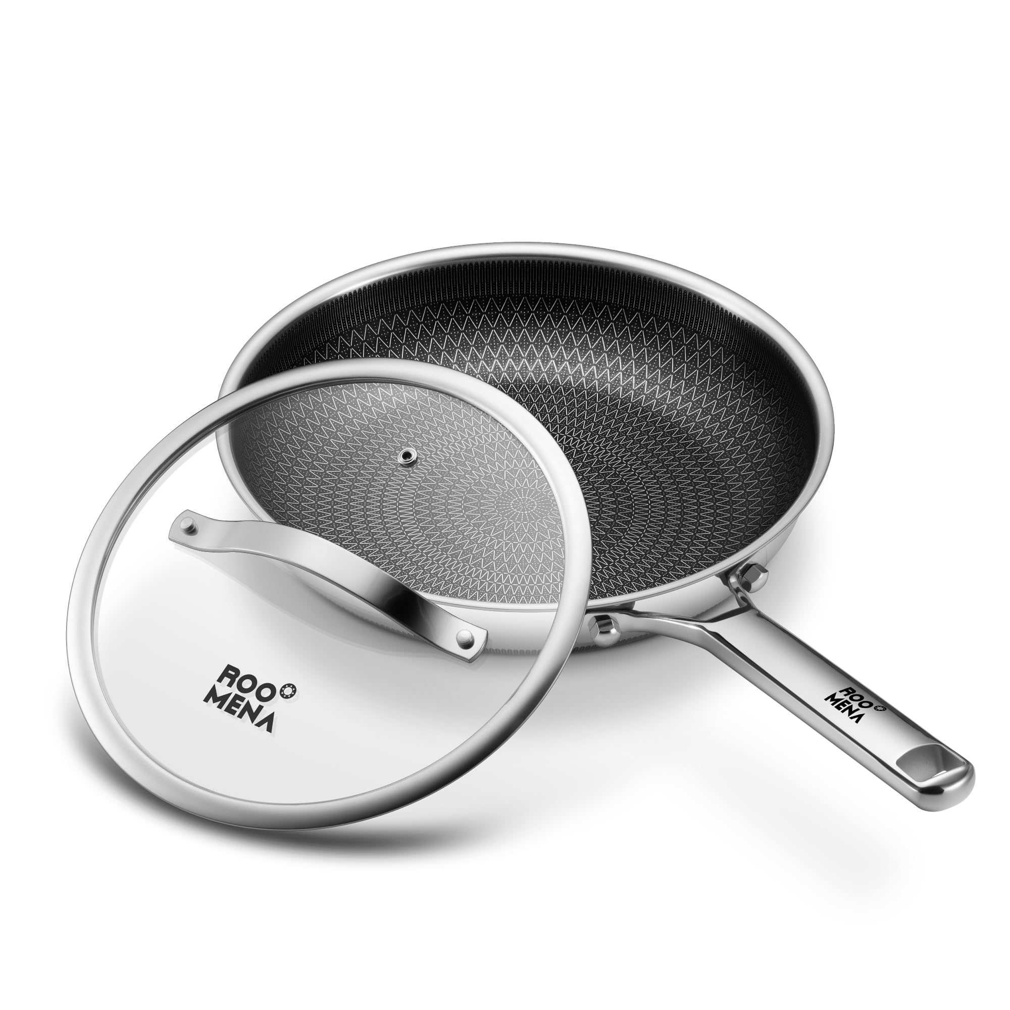 Non Stick Ceramic Hybrid Pans With Lid, 30Cm Three-Layer Stainless Steel Pan, Non-Toxic, Pfas/Pfoa/Ptfe Free, Metal Kitchen Uten