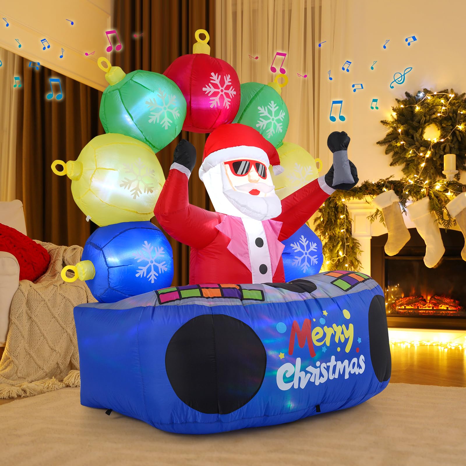 Tangkula 6Ft Inflatable DJ Santa, Blow up Christmas Party Santa Claus Decoration with Rotating Music Light, Mute Mode, Color-Cha