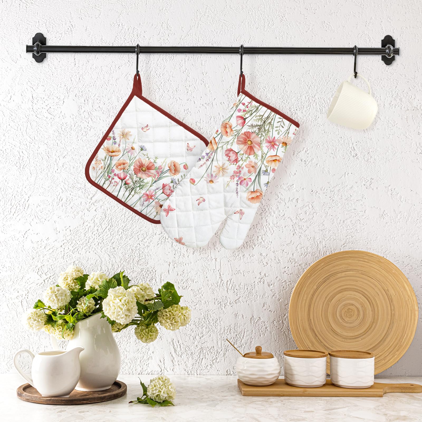 Arquiel Pink Floral Oven Mitts And Pot Holders Sets 2Pcs, 100% Cotton Heat Resistant, Extra Long Oven Gloves Potholder For Kitch