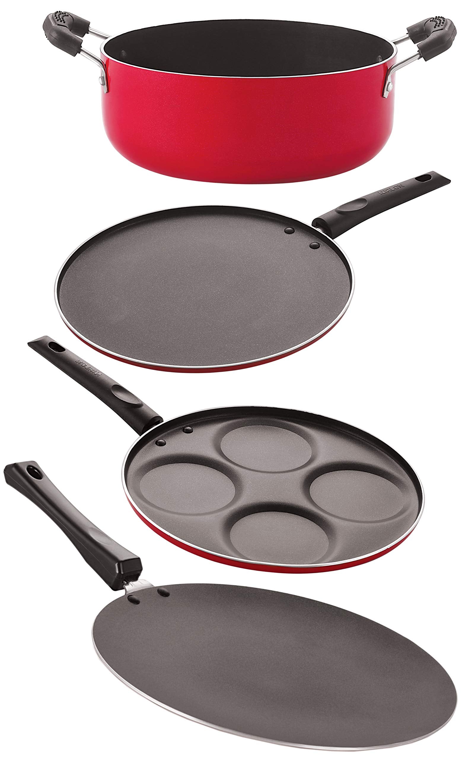 Nirlon Kitchen Non Stick Aluminium Cookware Gift 4 Pieces Sets (Concave Tawa 27.5Cm + Uttapam 4 Cavity + Smart Tawa 26.5Cm + Cas