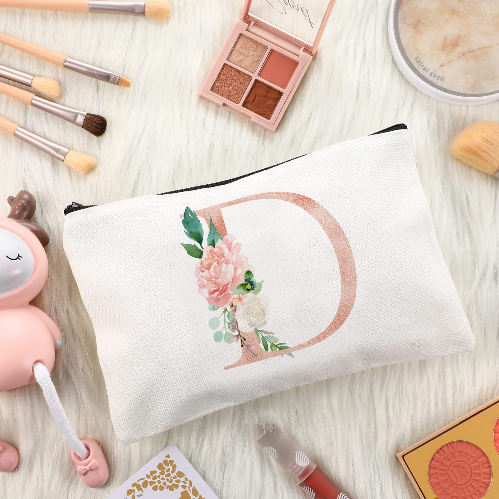 2 Pcs Initial Canvas Tote Bags Floral Letter Travel Cosmetic Bags Personalized Beach Bags Monogrammed Bags Portable Makeup Zippe