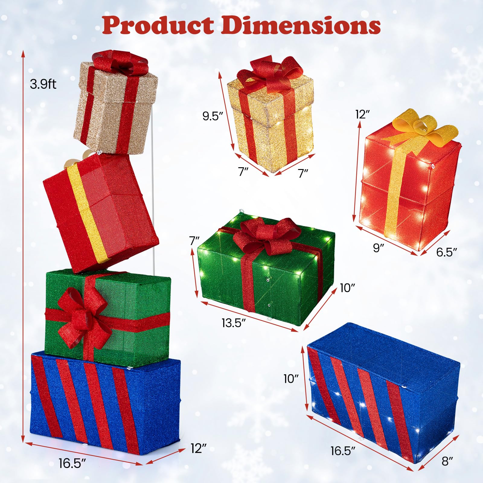 Tangkula 4 Ft Stackable Gift Boxes, Set of 4 Stacked Boxes with Warm White LED Lights, Festive Bows, 2 Display Methods, Pre-lit
