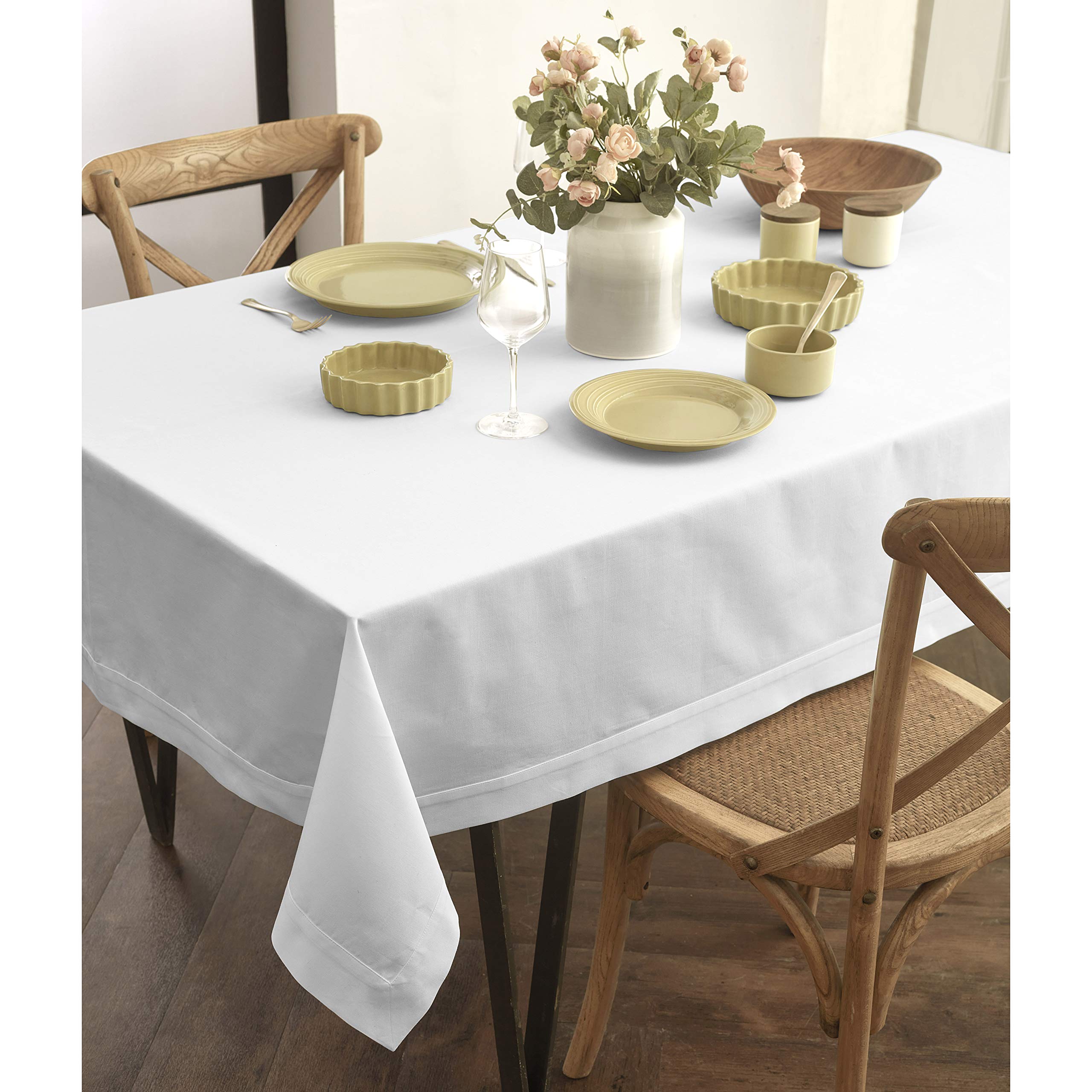 Solino Home White Tablecloth 60 x 104 Inch - Dru Cotton Linen Rectangle Tablecloth - Machine Washable Table Cloth for Fall, Autu