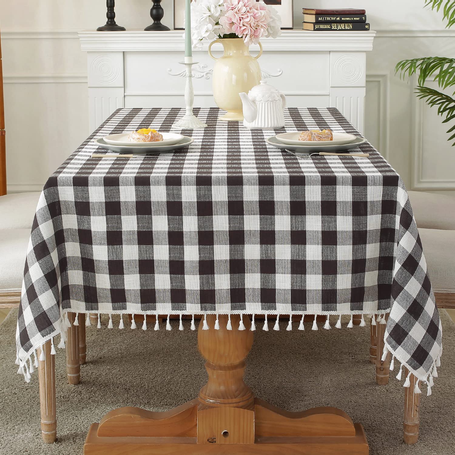Laolitou Checkered Tablecloth Rectangle Washable Buffalo Plaid Halloween Table Cloth With Tassel Cotton Linen Gingham Table Cove