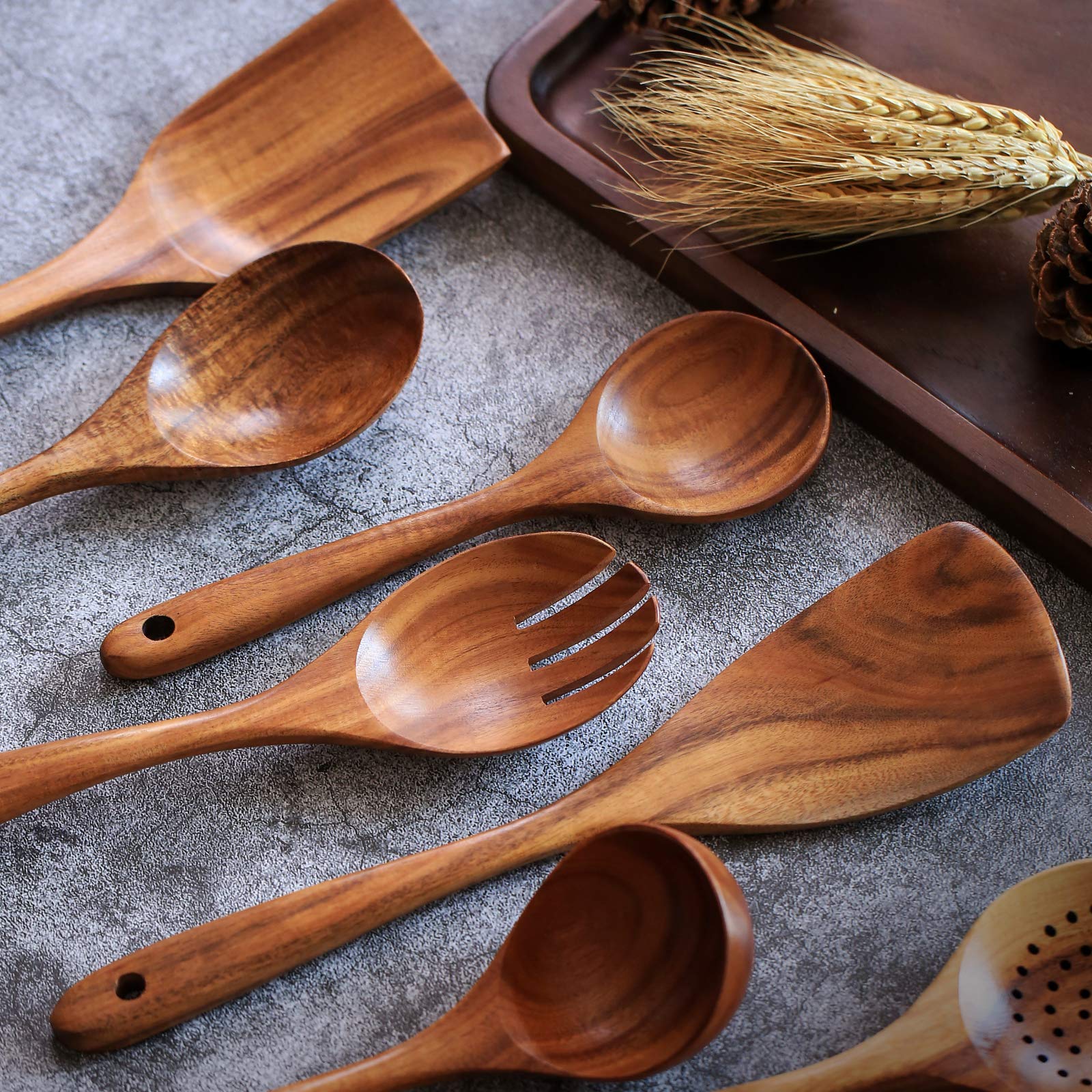Wooden Non-Stick Kitchen Pan Toolset 7 Pieces Set,100% Natural Teak Kitchen Utensils Spatula, Wooden Cooking Utensils Spoons, Fr