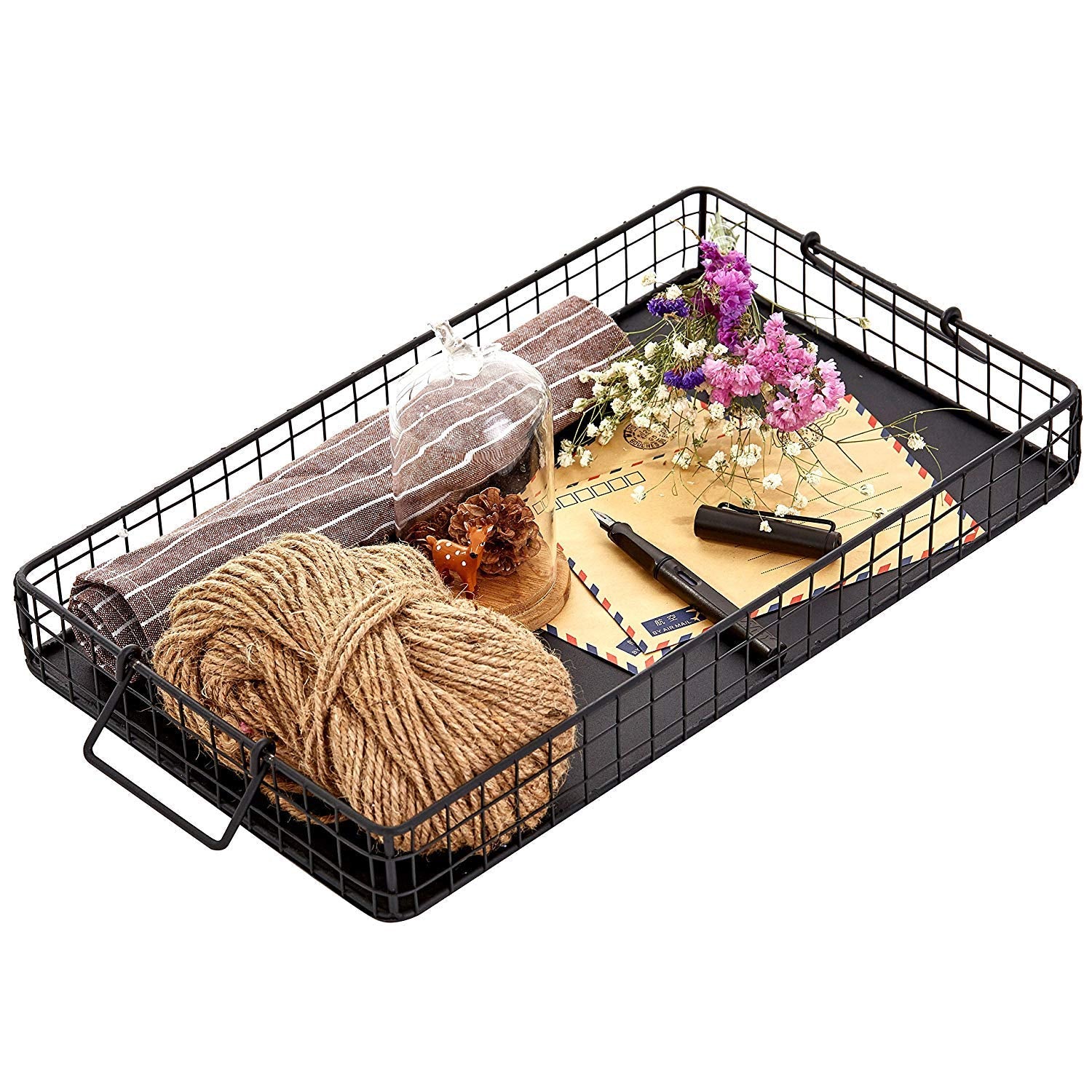 Indian Decor 28512 Black Galvanized Metal Wire Nesting Serving Trays, Decorative Storage Baskets With Handles, Set Of 2
