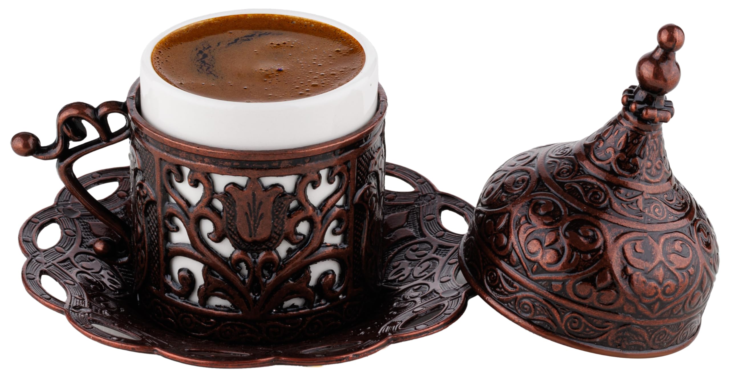 Demmex Turkish Greek Arabic Coffee Espresso Cup With Inner Porcelain, Metal Holder, Saucer And Lid, Turkish Chic Fildzan Fincan,