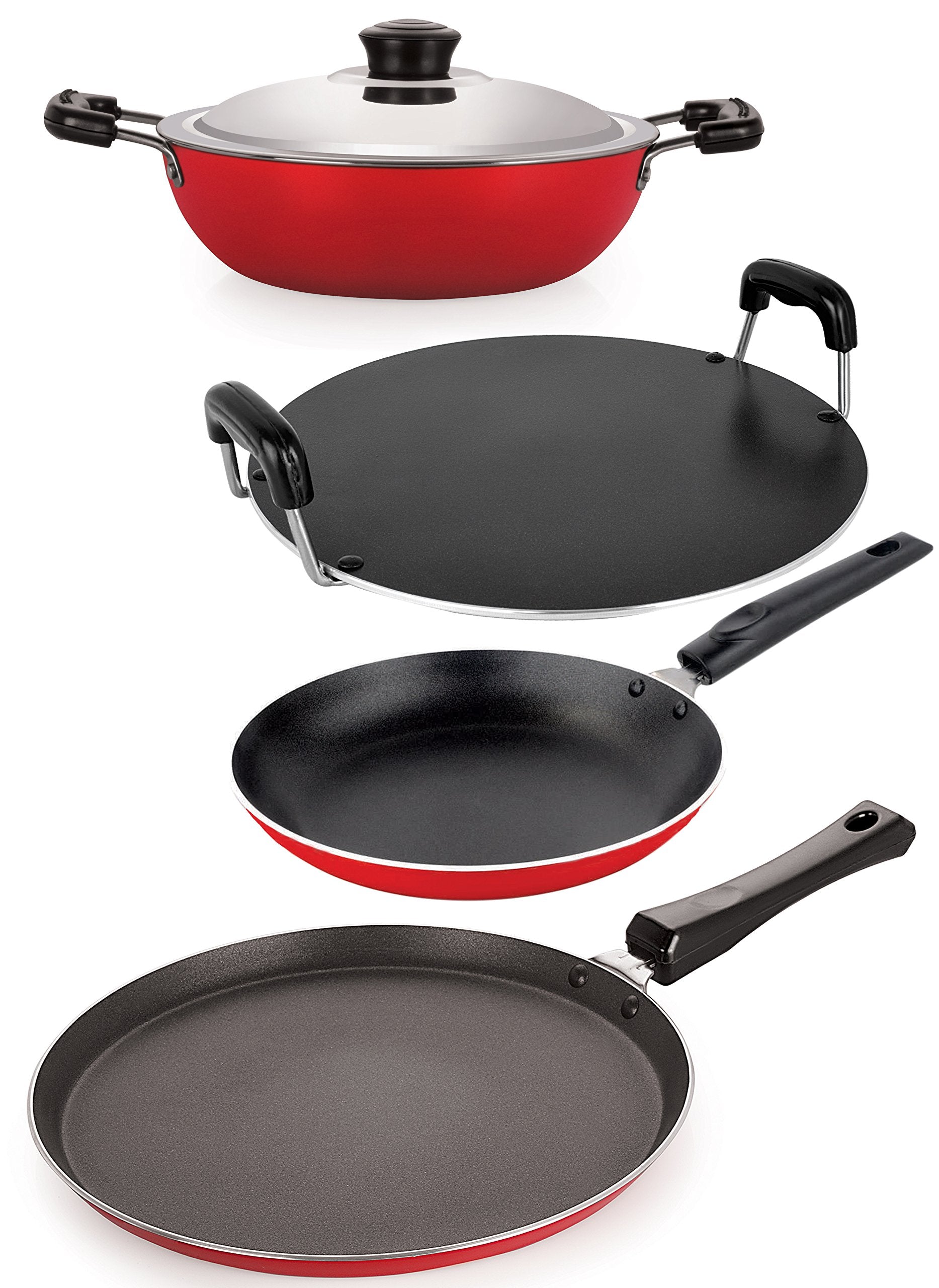 Nirlon NonStick Coated Aluminium Kitchenware Set With Steel Lid, 4 Piece, Bakleite Handle