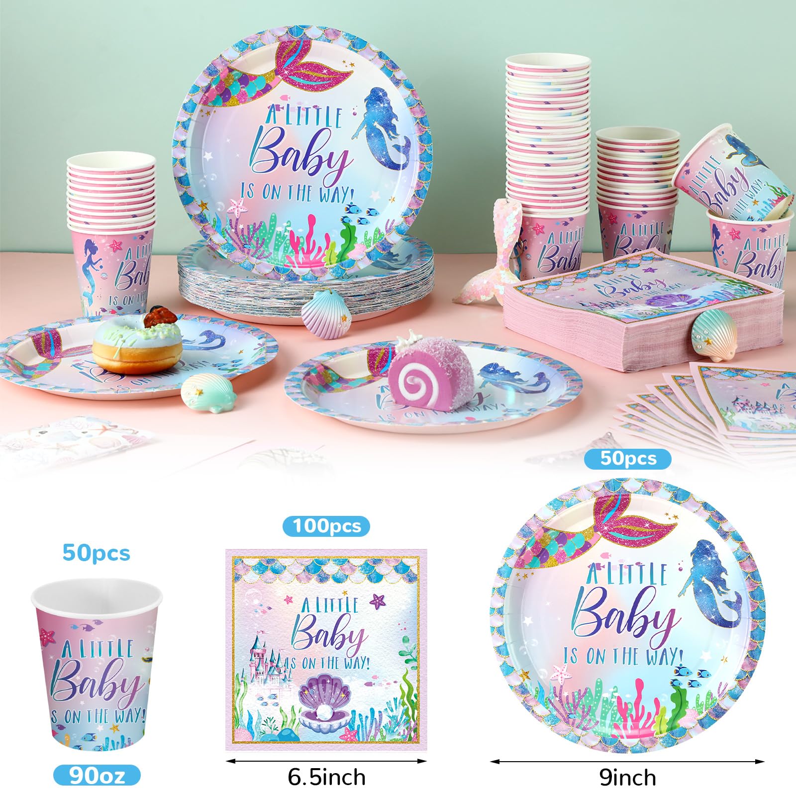 200 Pcs Mermaid Baby Shower Paper Plates Napkins Cups Under The Sea Baby Shower Party Supplies Tableware Set Purple Green Dispos