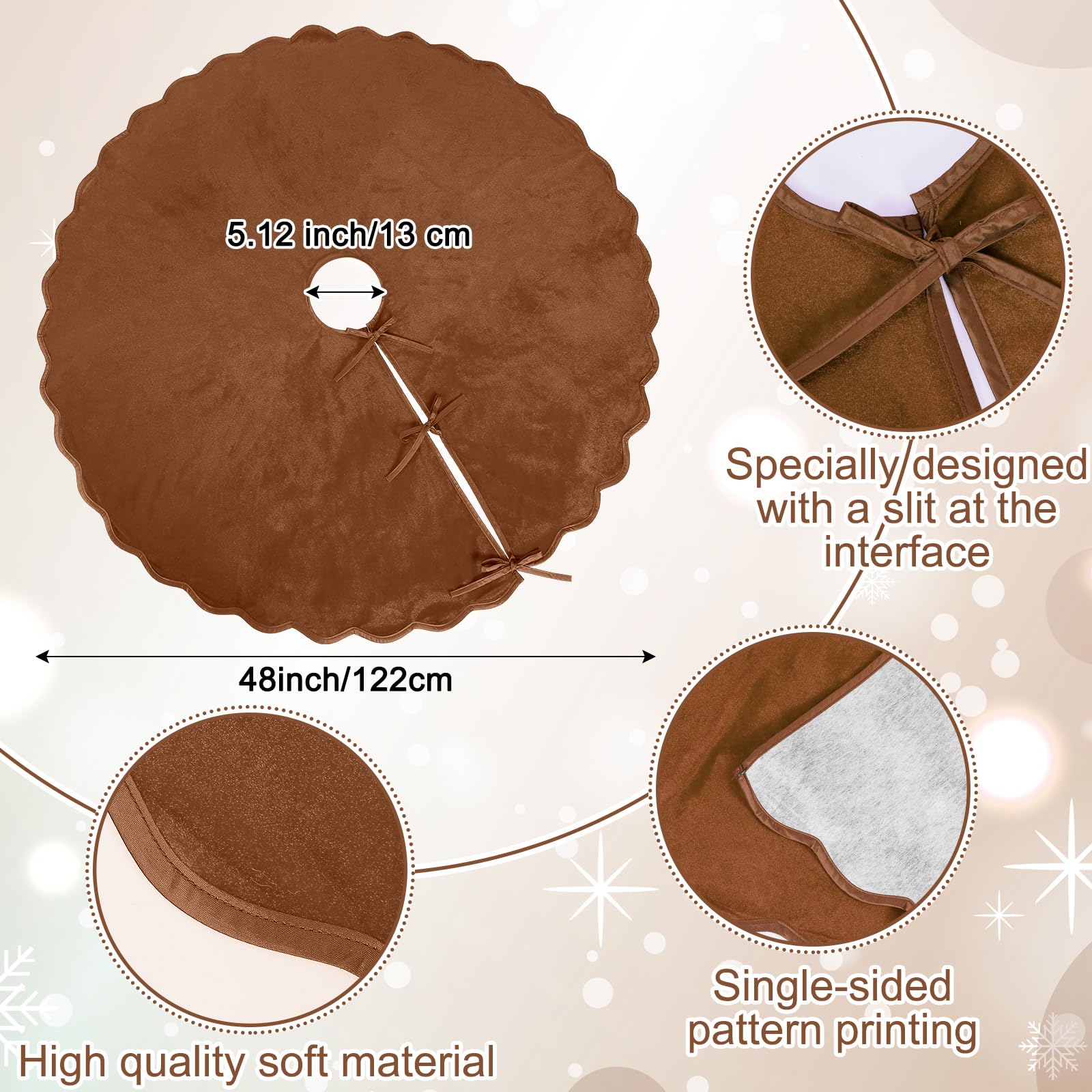 RoundFunny Brown Christmas Tree Skirt 48 Inches Neutral Velvet Christmas Tree Skirts Modern Scalloped Edge Xmas Decorations Mini