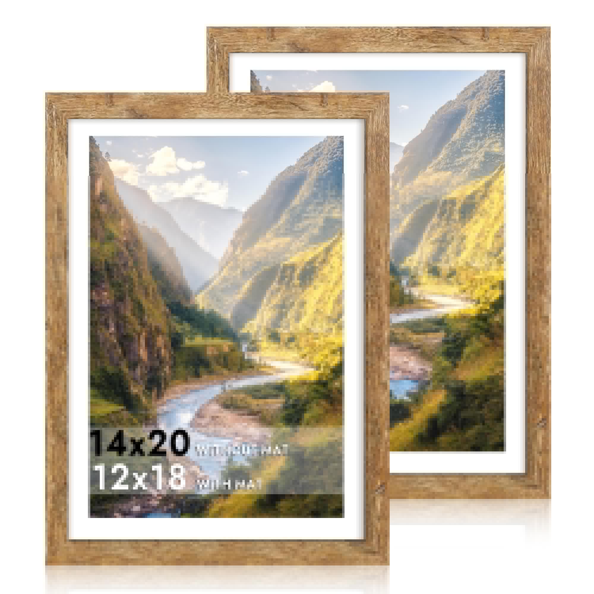 iRahmen 14x20 Picture Frame Set of 2, Brown Rustic Wood Poster Frame with Plexiglass, Display 12x18 Pictures with Mat or 14 x 20