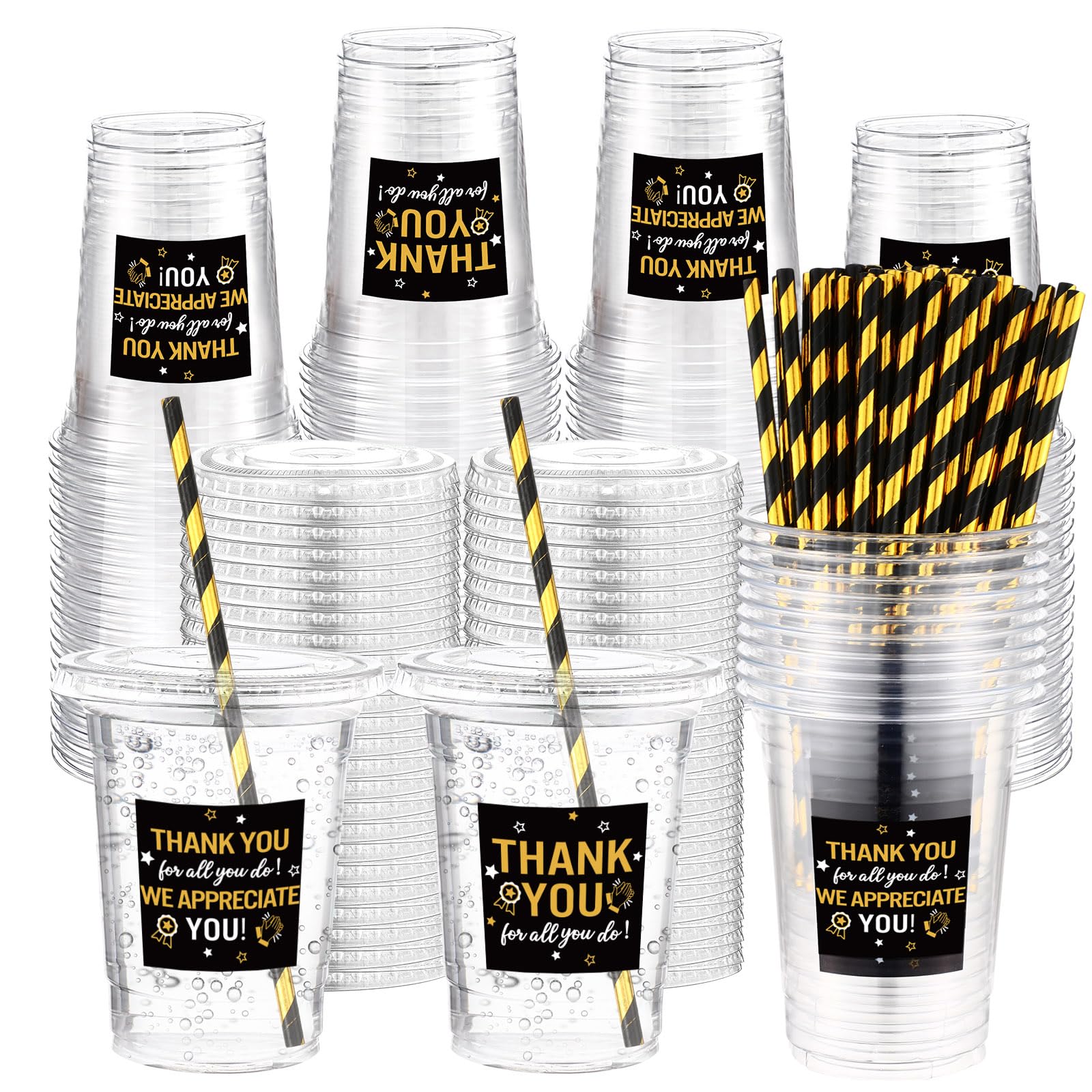 Funnymoom 50 Sets Fall Thanksgiving Plastic Cups with Lid and Straw Thankful Grateful Blessed 16 oz Disposable Glasses Clear Col