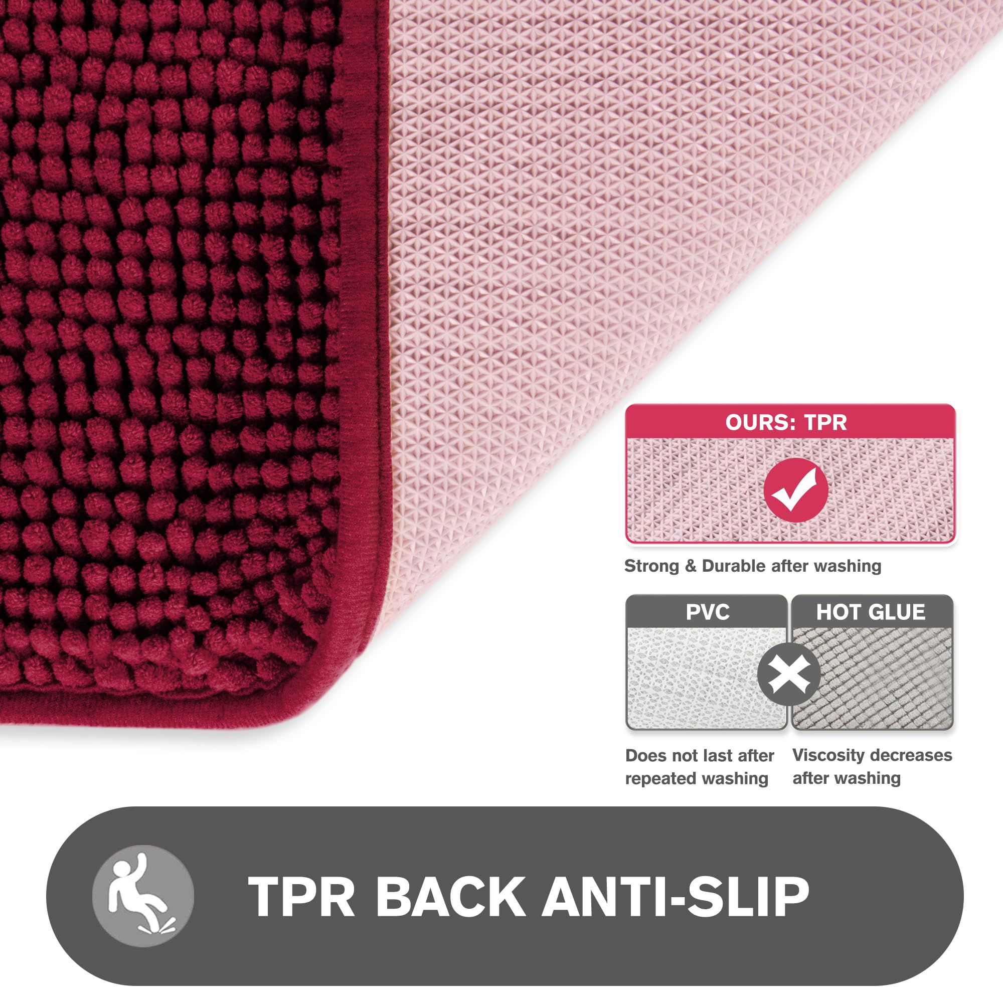 Pureswan Burgundy Bathroom Rugs - Absorbent And Washable Bath Mat, Non-Slip, Thick Soft Chenille Bath Rugs For Bathroom Floor, S