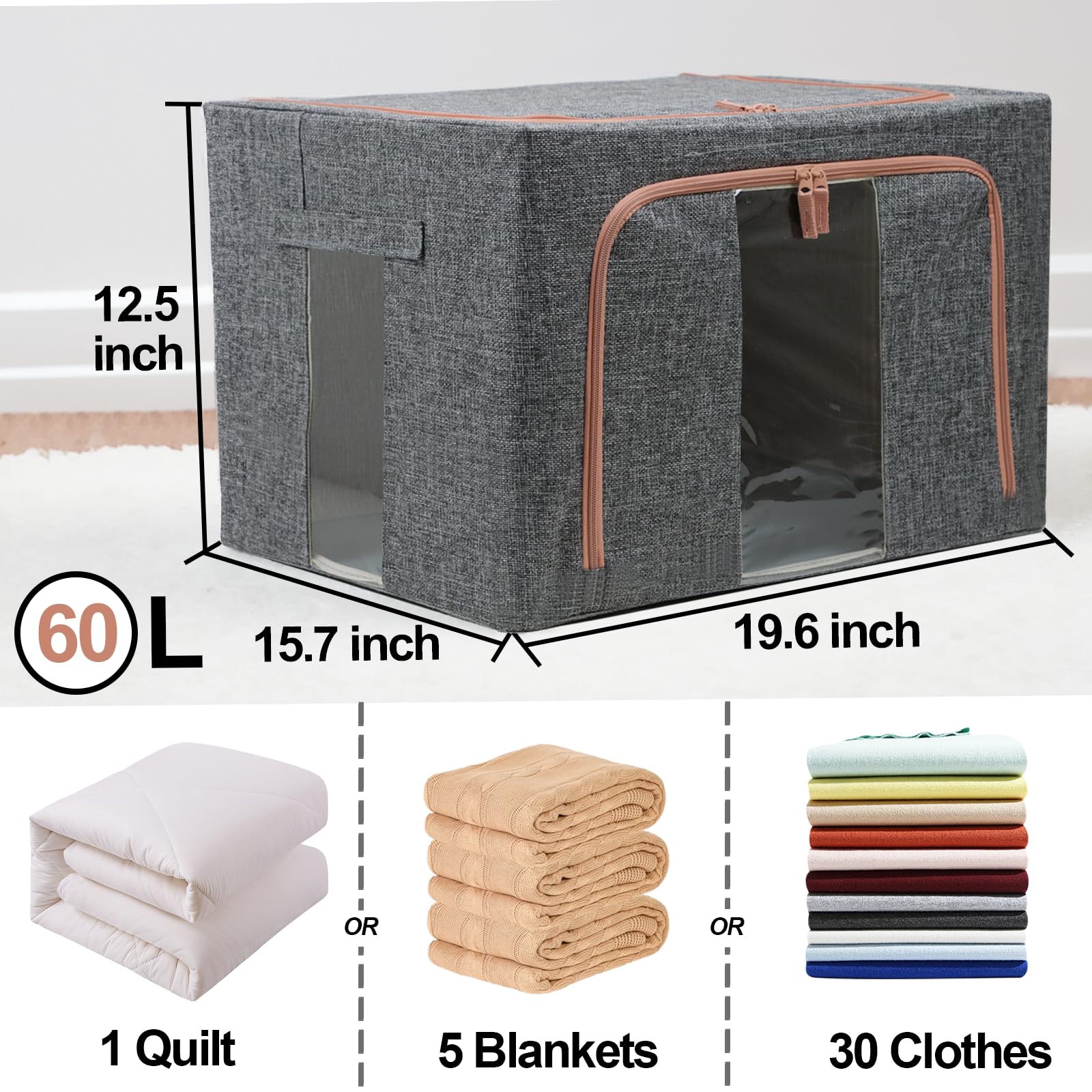 Linen Clothes Storage Bins, 4Pcs Sturdy Closet Organizers And Storage Bin With Metal Frame, 2 Opening Ways Fabric Visible Lidded