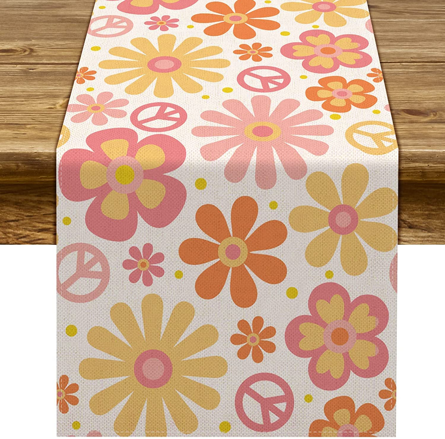 Groovy Table Runner Hippie Daisy Flower Peace Love Birthday Party Retro Kitchen Dining Home Decoration (13'' X 90'')