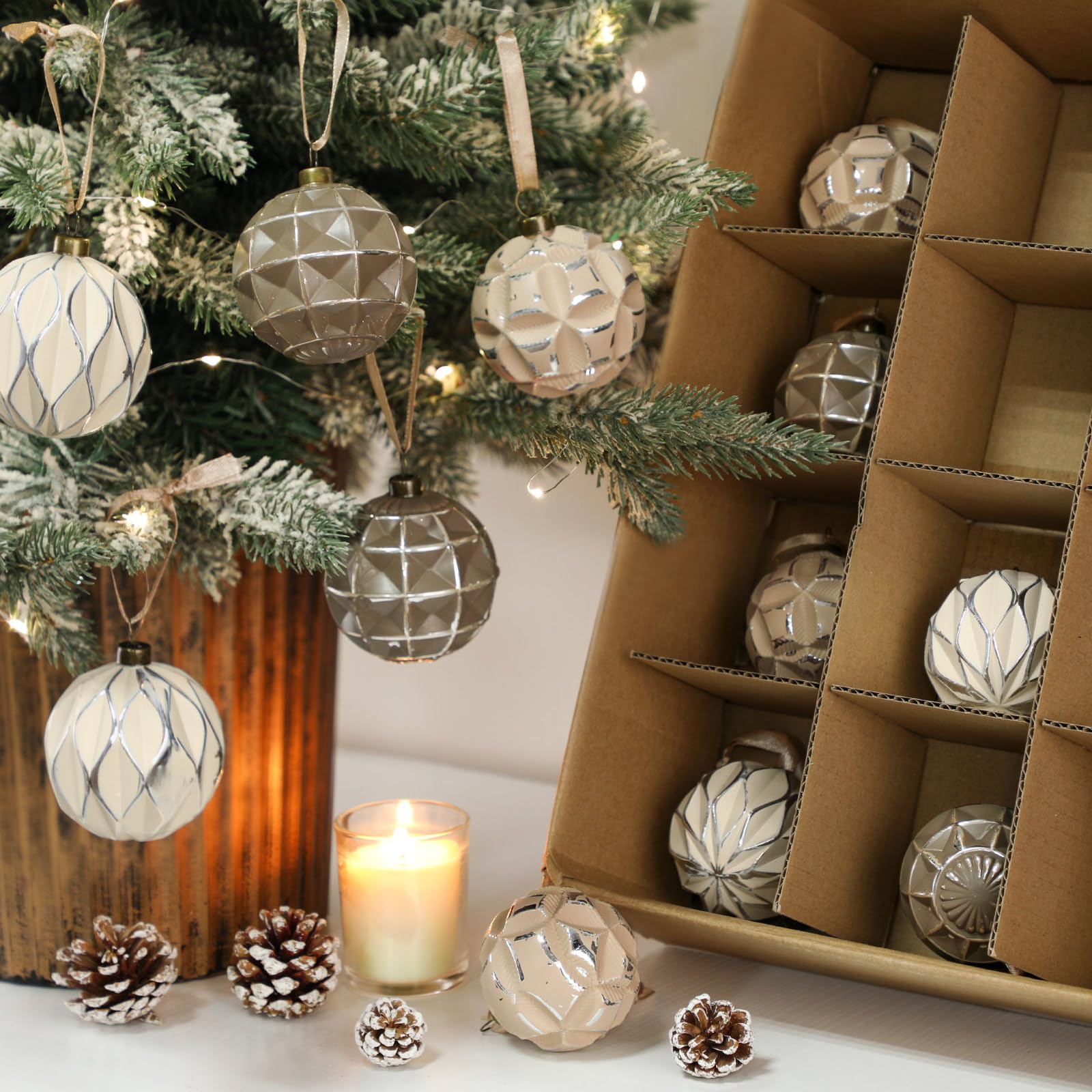 Syhood 12 Pcs Neutral Textured Christmas Ball Ornaments 2.4 Inch Vintage Boho Cream Beige Brown Xmas Bulbs Rustic Distressed Xma